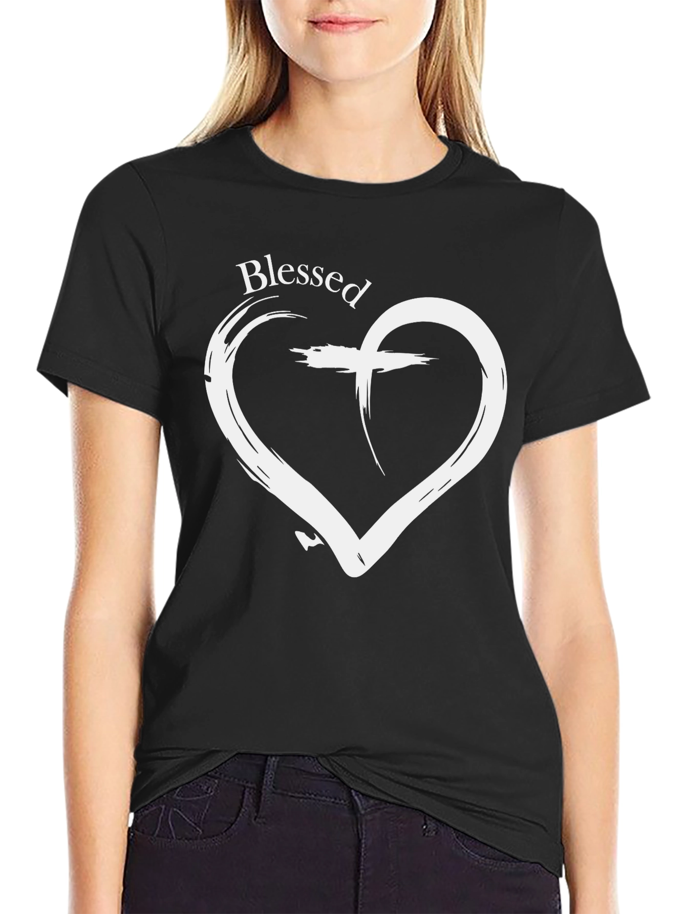 Blessed Heart Cross Graphic Black T-Shirt