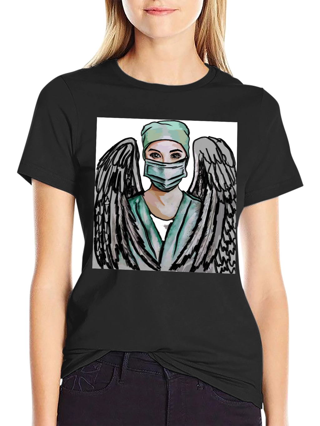 Angel Nurse Graphic Tee - Black