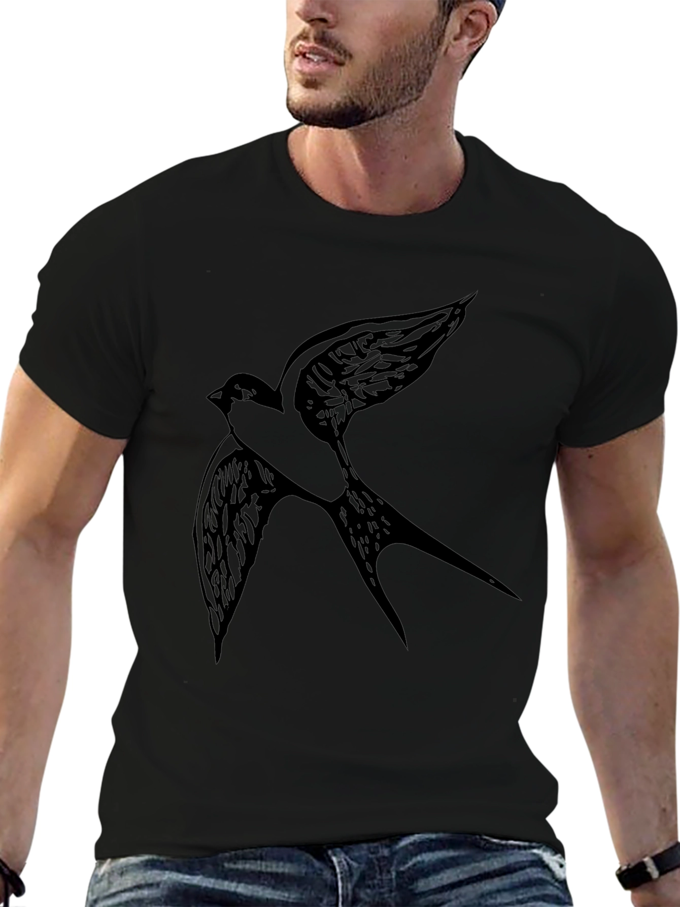 Black T-Shirt with Bird Graphic