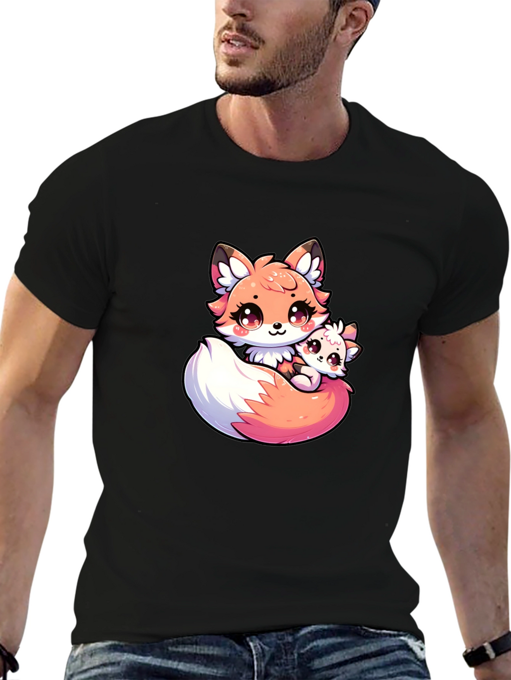Cute Fox and Cub Black T-Shirt