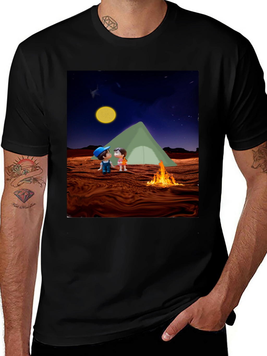 Camping Couple Graphic Black T-Shirt