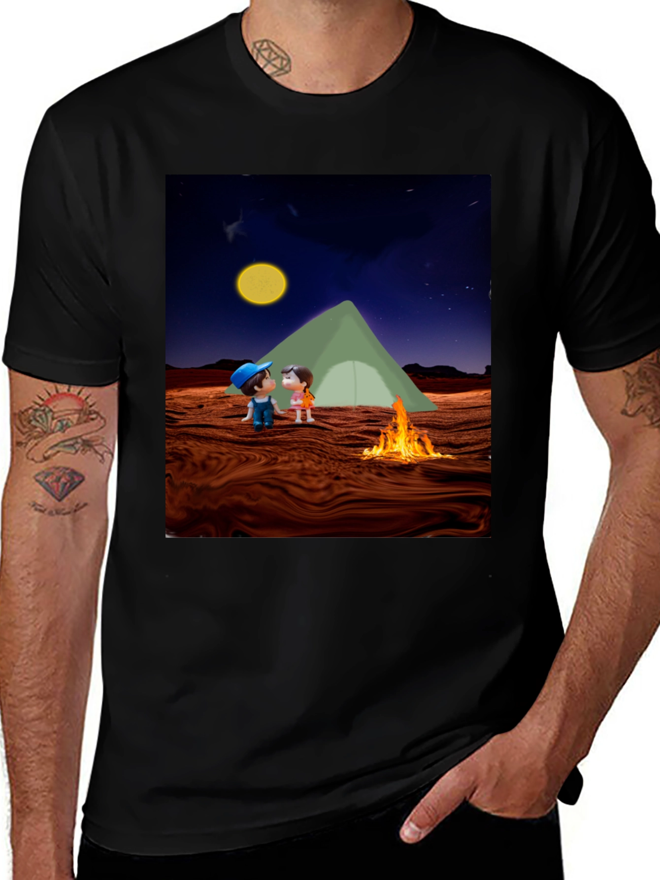 Camping Couple Graphic Black T-Shirt