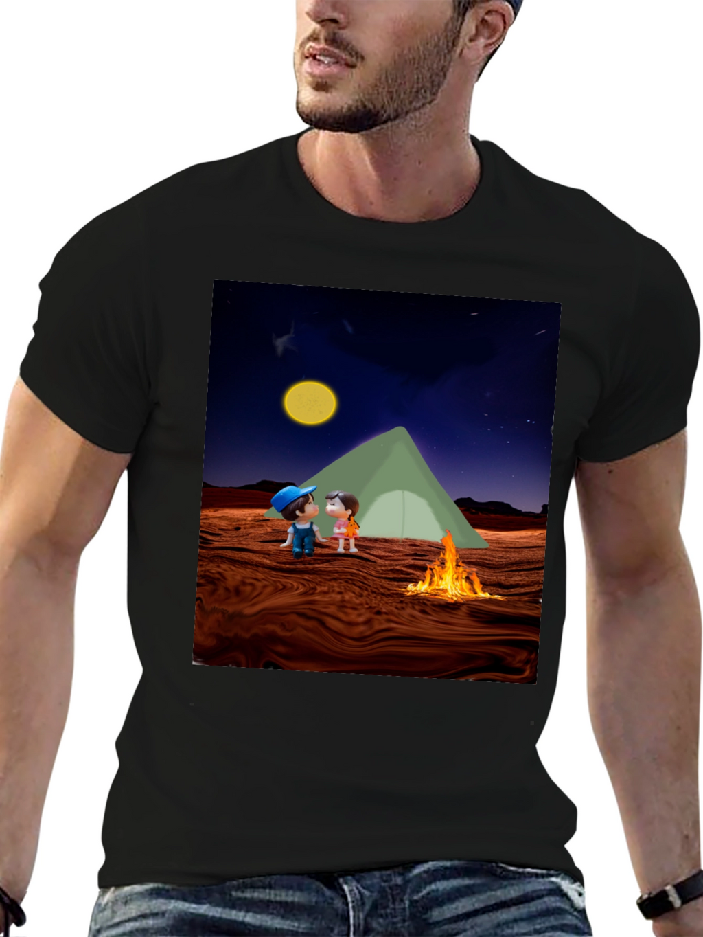 Camping Couple Graphic Black T-Shirt