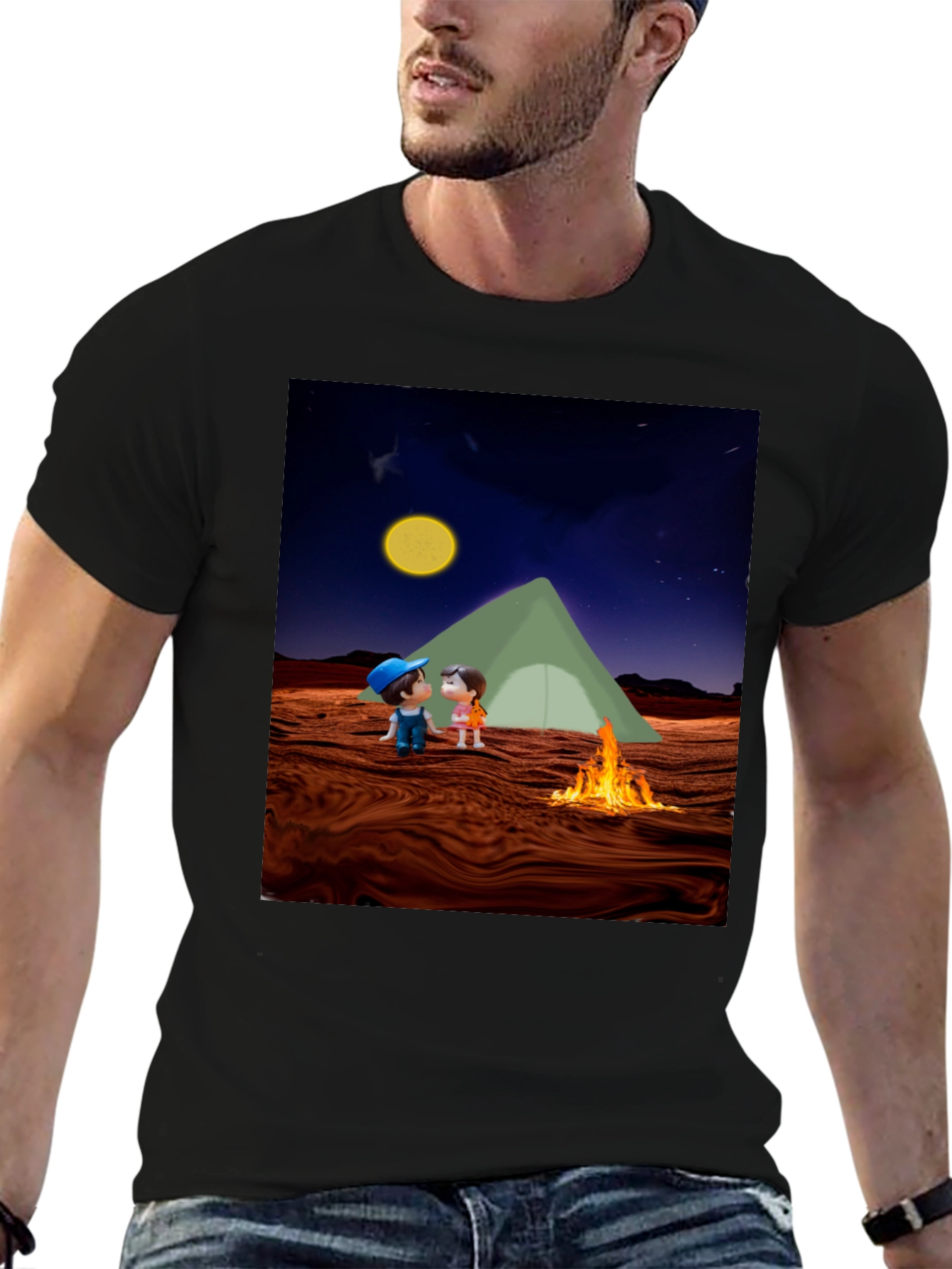 Camping Couple Graphic Black T-Shirt