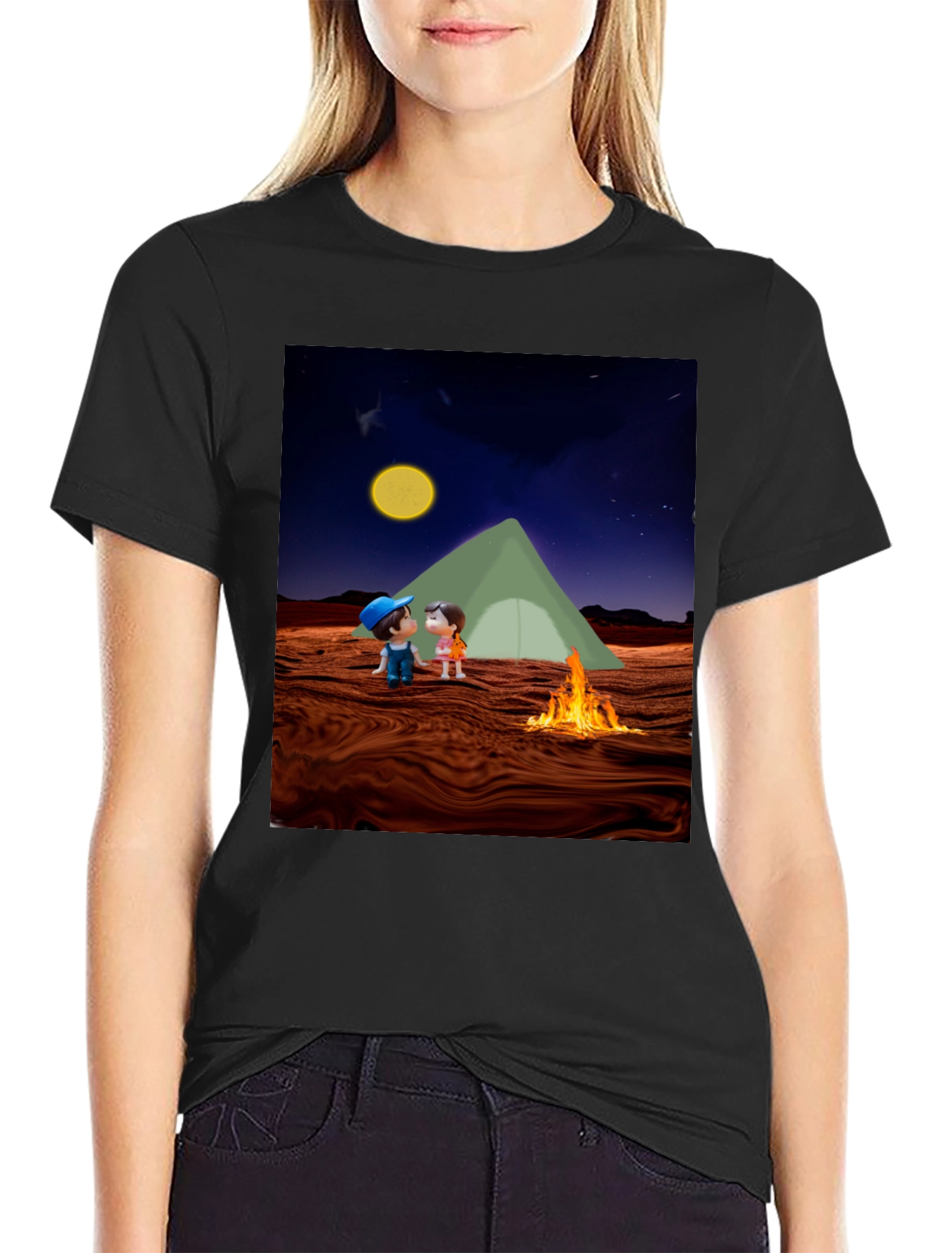 Camping Couple Graphic Black T-Shirt