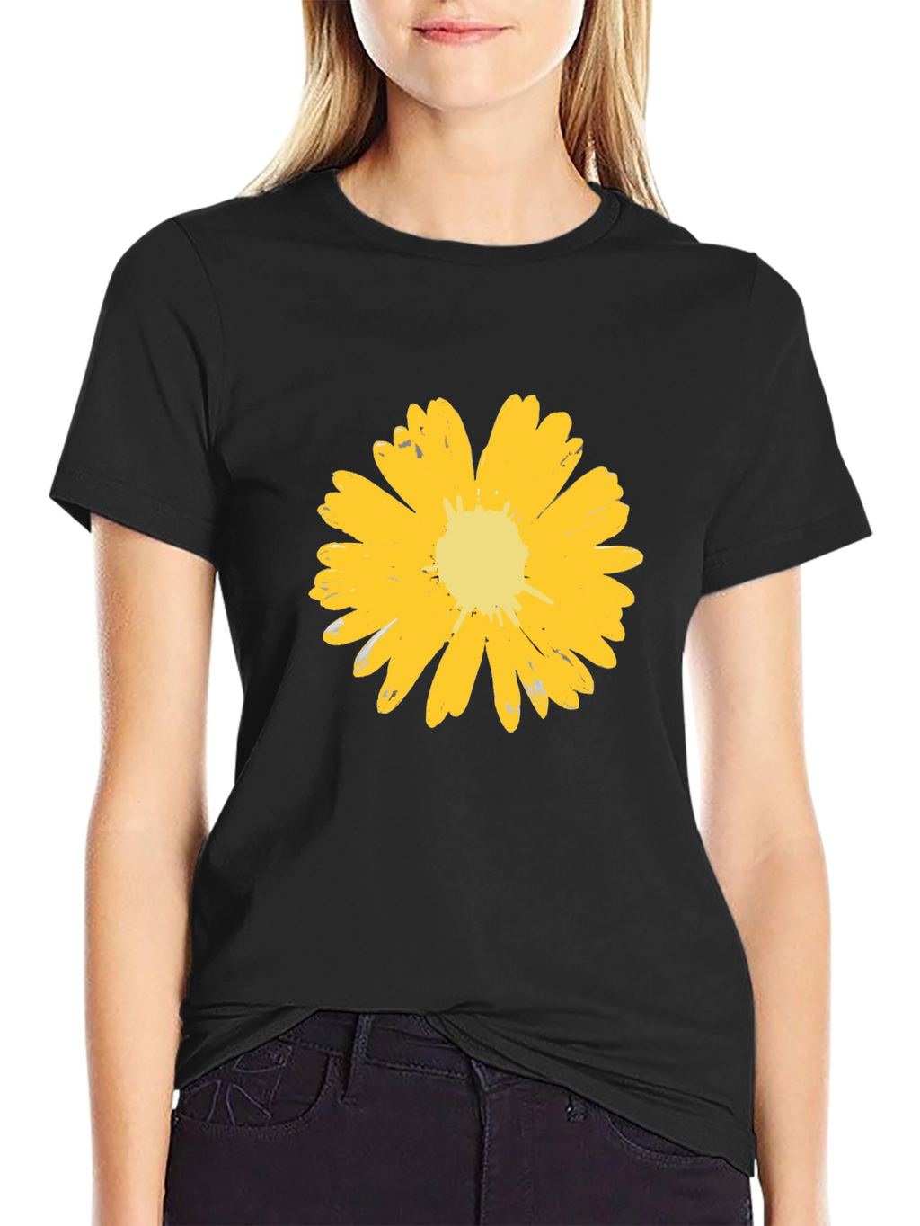 Mens Black T-Shirt with Yellow Flower Graphic