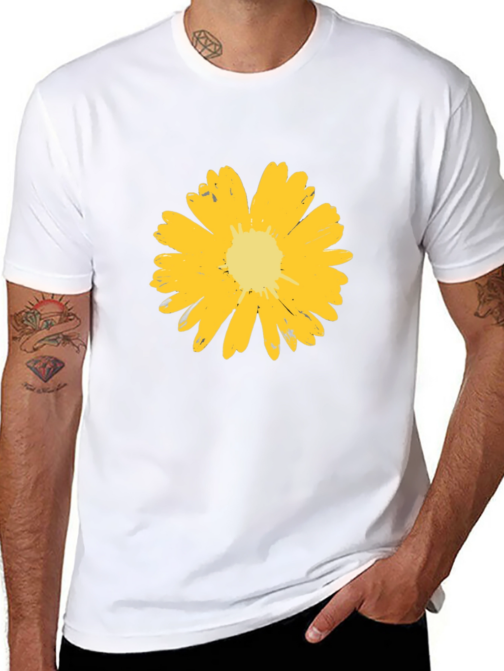 Mens Black T-Shirt with Yellow Flower Graphic