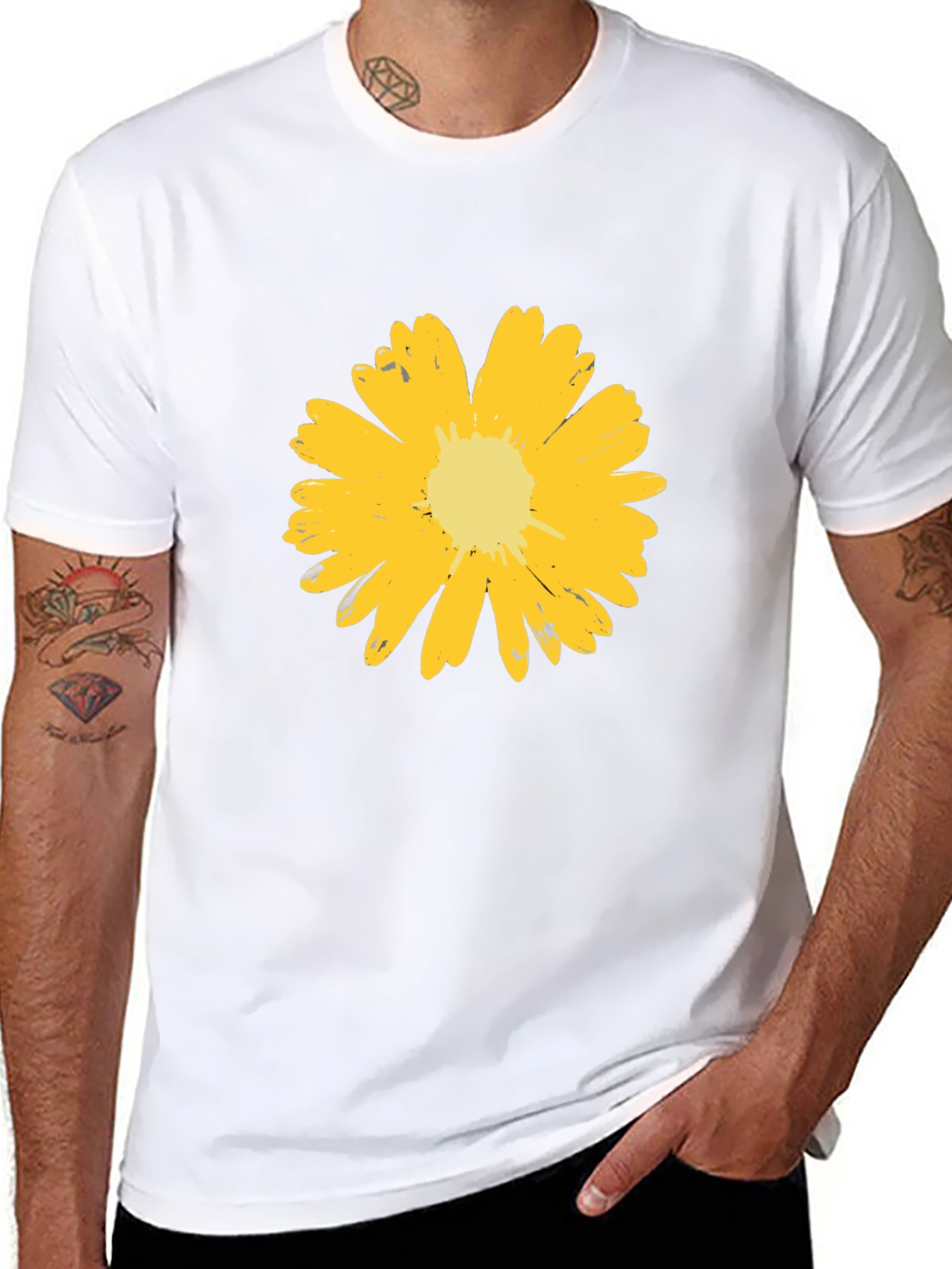 Mens Black T-Shirt with Yellow Flower Graphic