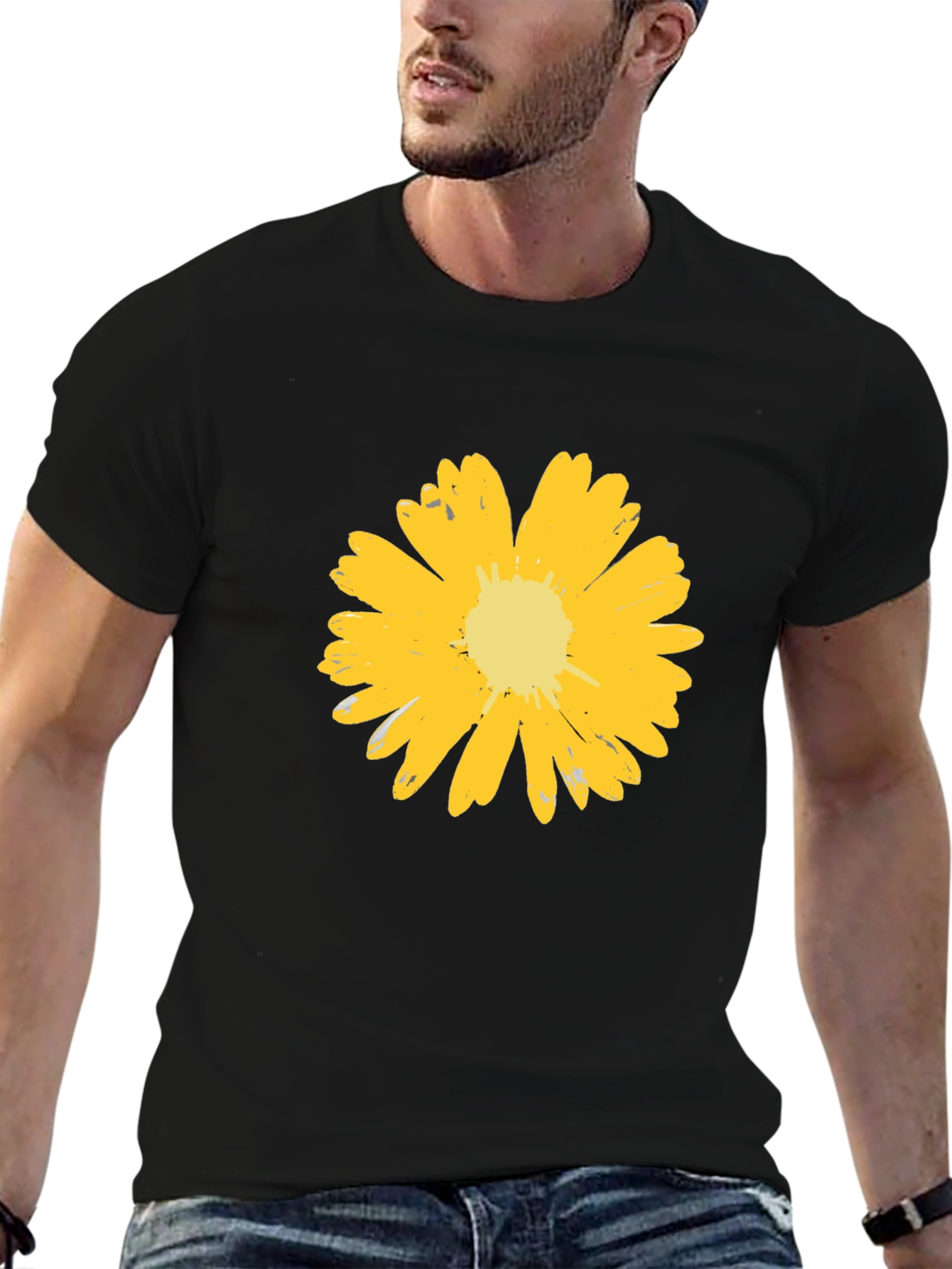 Mens Black T-Shirt with Yellow Flower Graphic