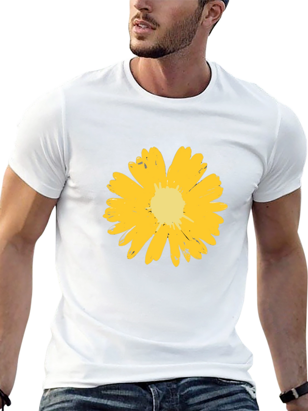 Mens Black T-Shirt with Yellow Flower Graphic