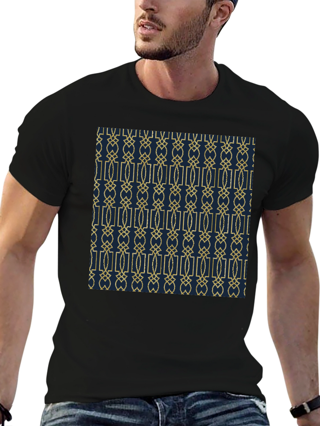 Geometric Pattern Print Black Tee