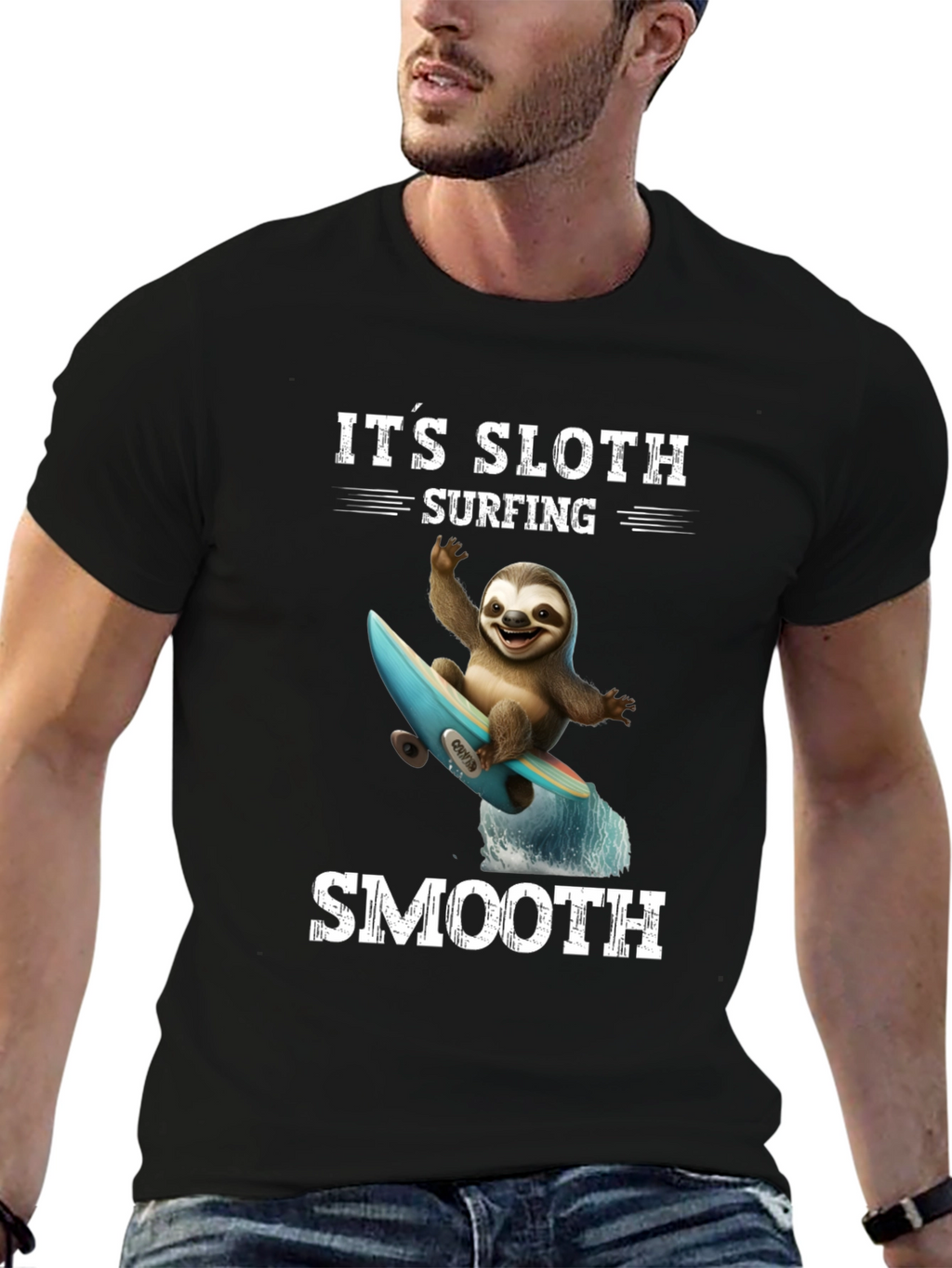 Its Sloth Surfing Smooth Black T-Shirt
