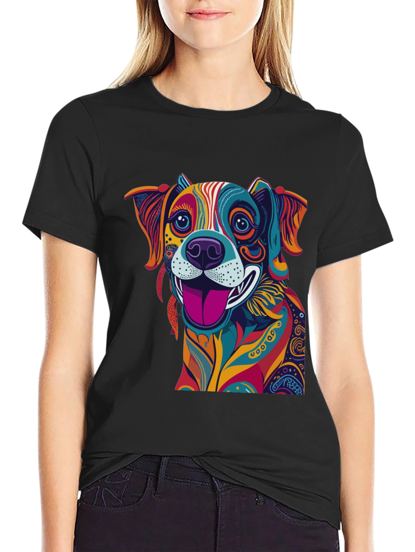 Colorful Dog Graphic Black T-Shirt