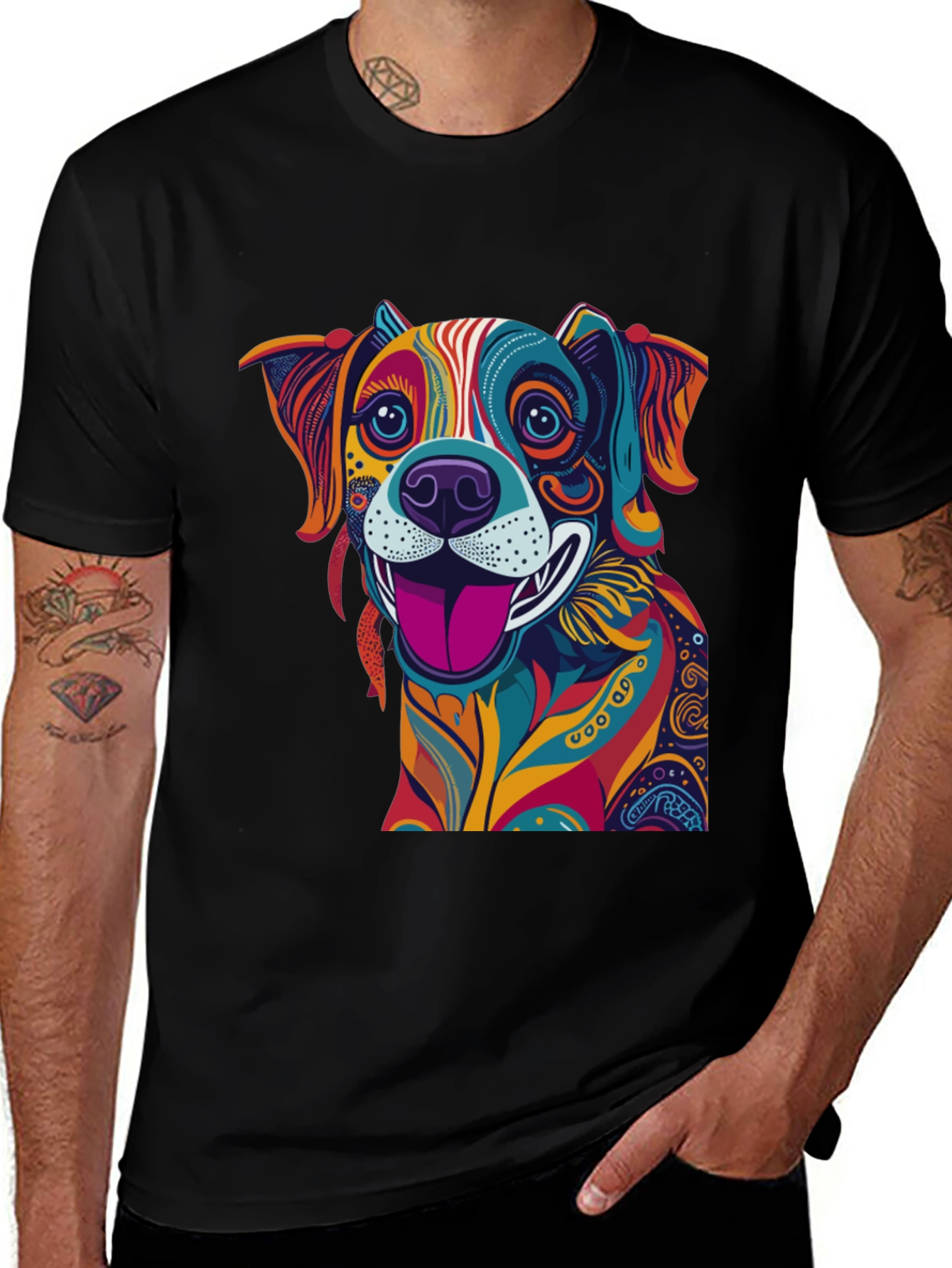 Colorful Dog Graphic Black T-Shirt