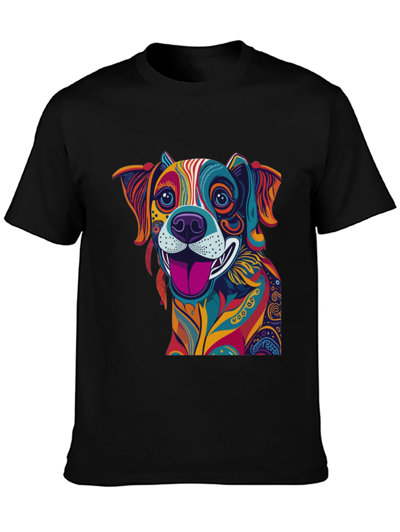 Colorful Dog Graphic Black T-Shirt