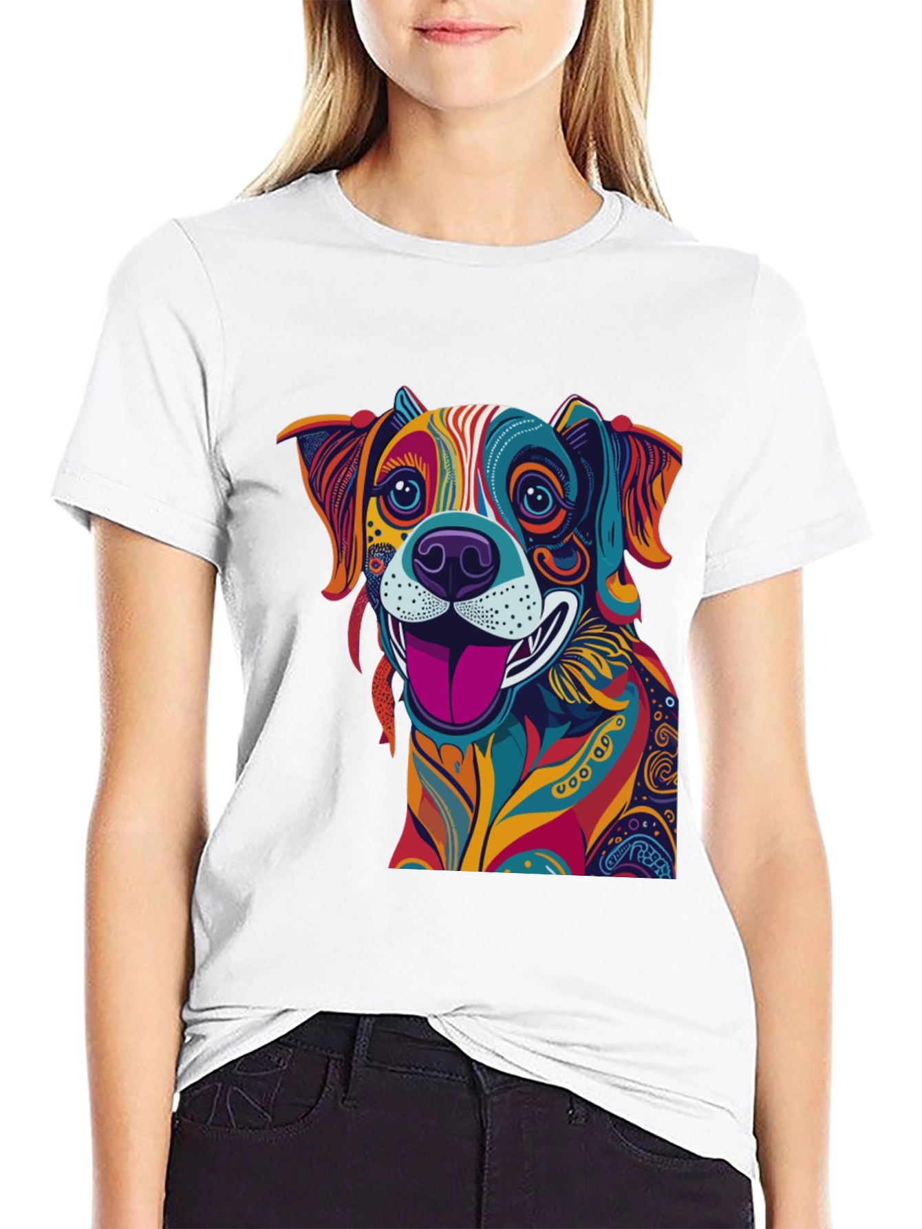 Colorful Dog Graphic Black T-Shirt