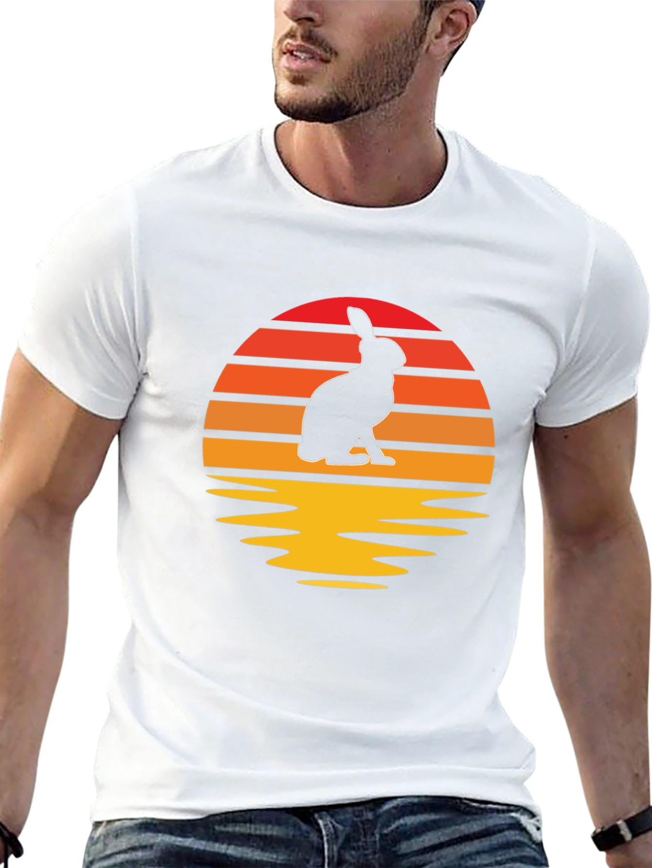 Sunset Rabbit Graphic Tee - Black Cotton Blend T-Shirt