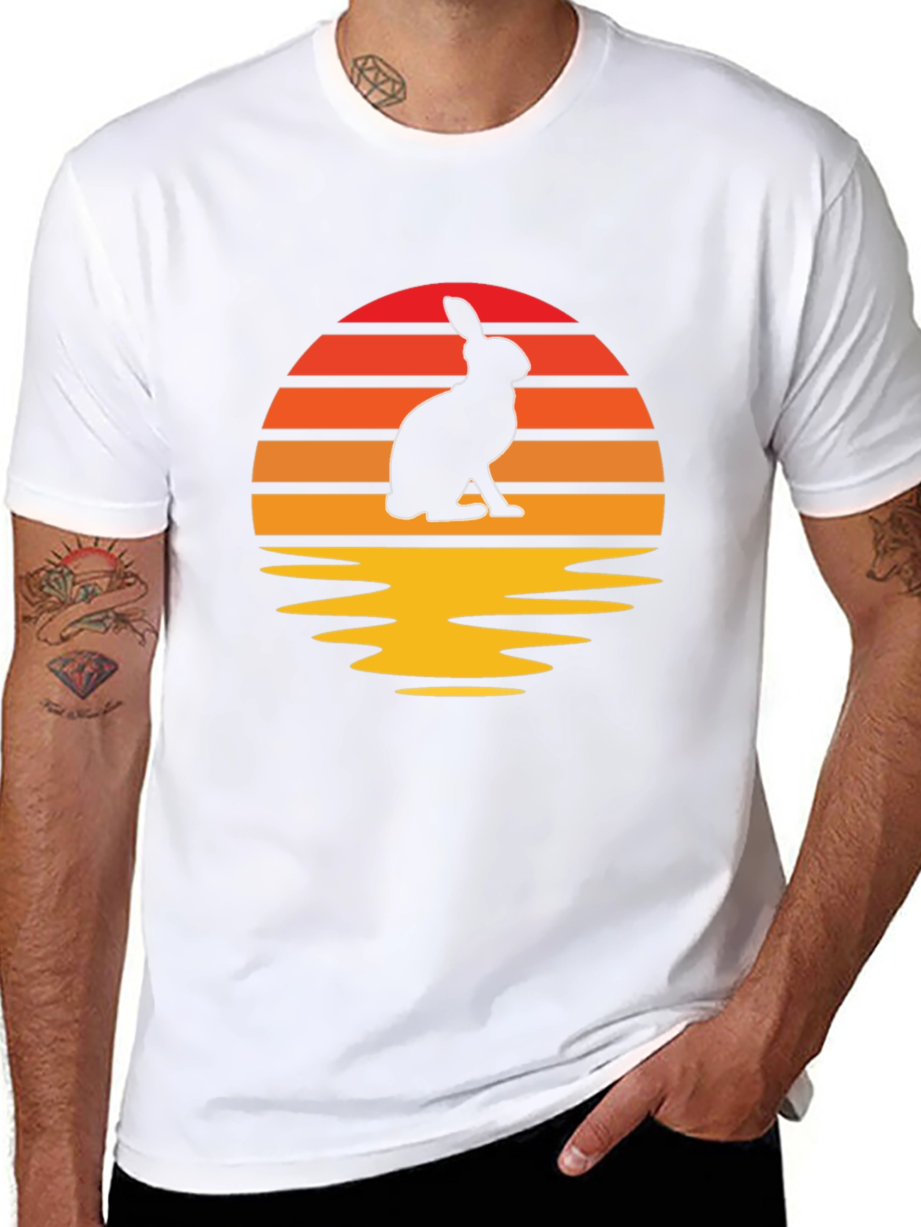 Sunset Rabbit Graphic Tee - Black Cotton Blend T-Shirt