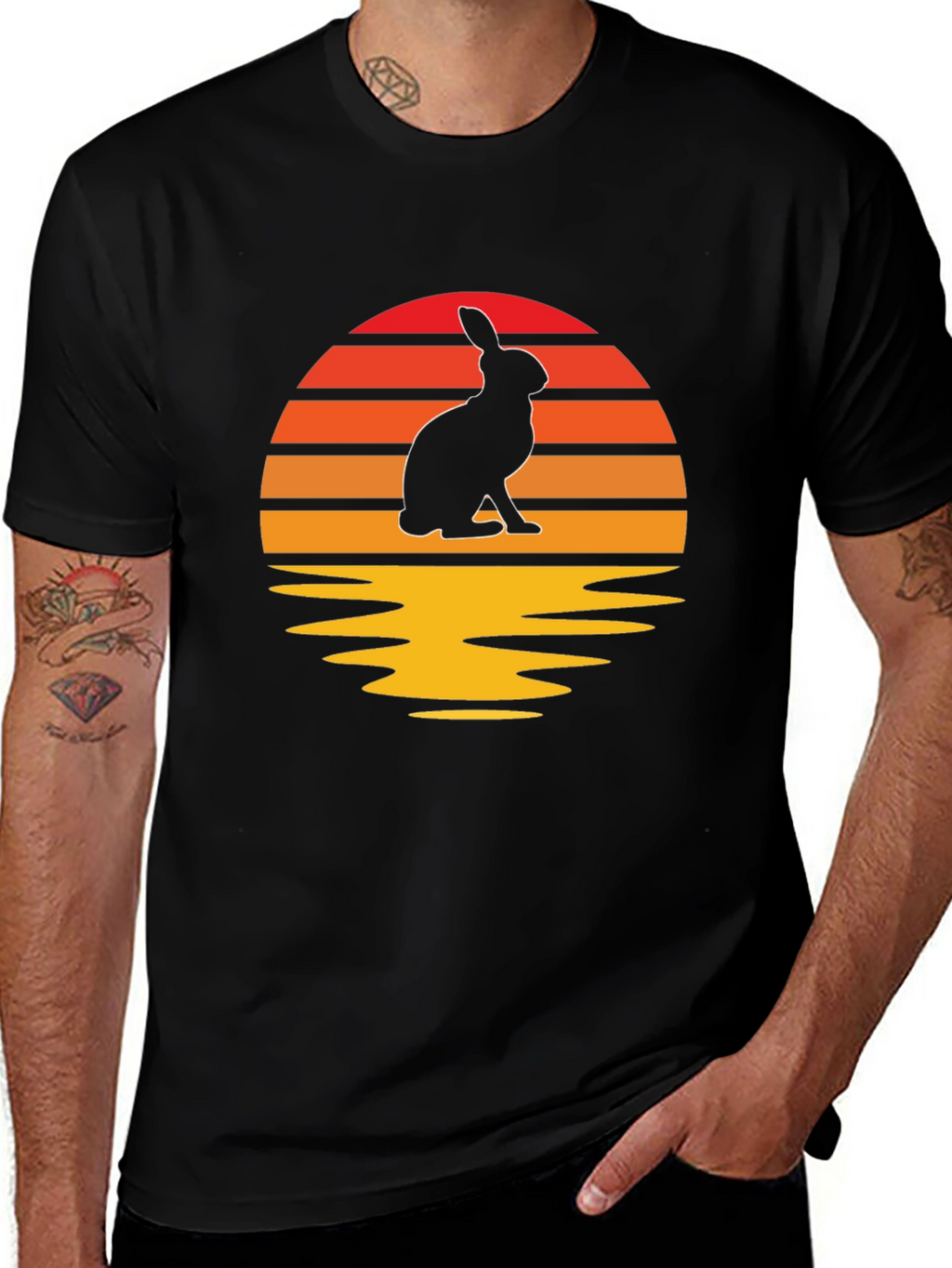 Sunset Rabbit Graphic Tee - Black Cotton Blend T-Shirt