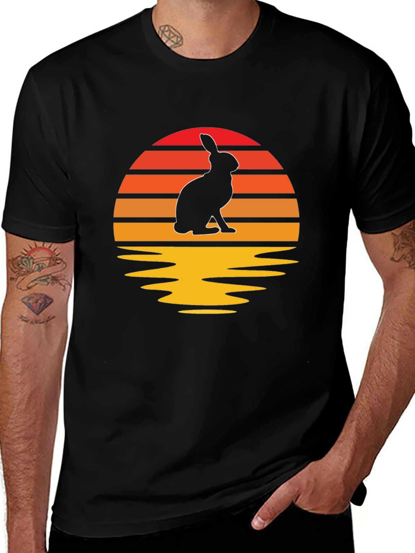 Sunset Rabbit Graphic Tee - Black Cotton Blend T-Shirt