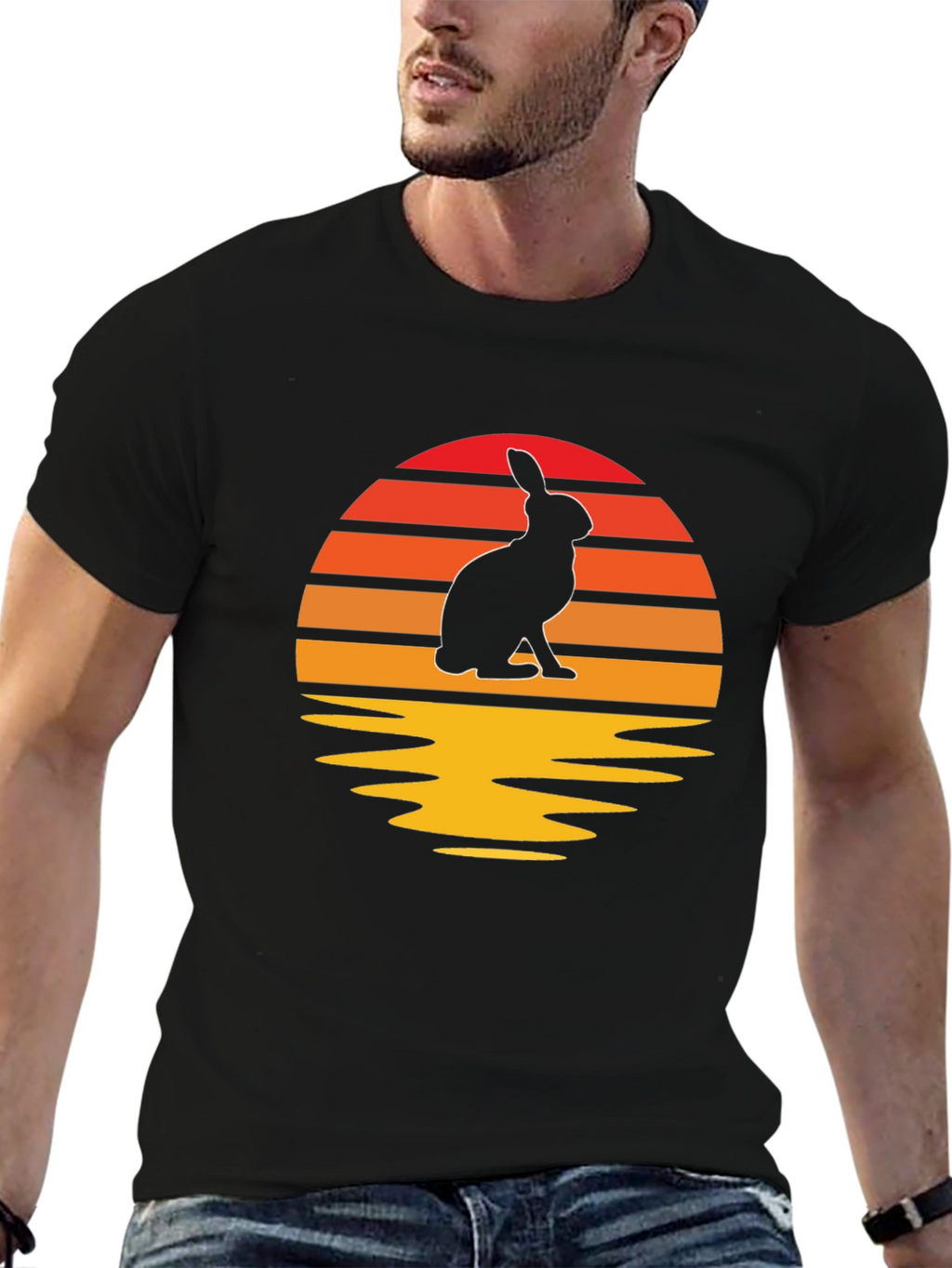 Sunset Rabbit Graphic Tee - Black Cotton Blend T-Shirt