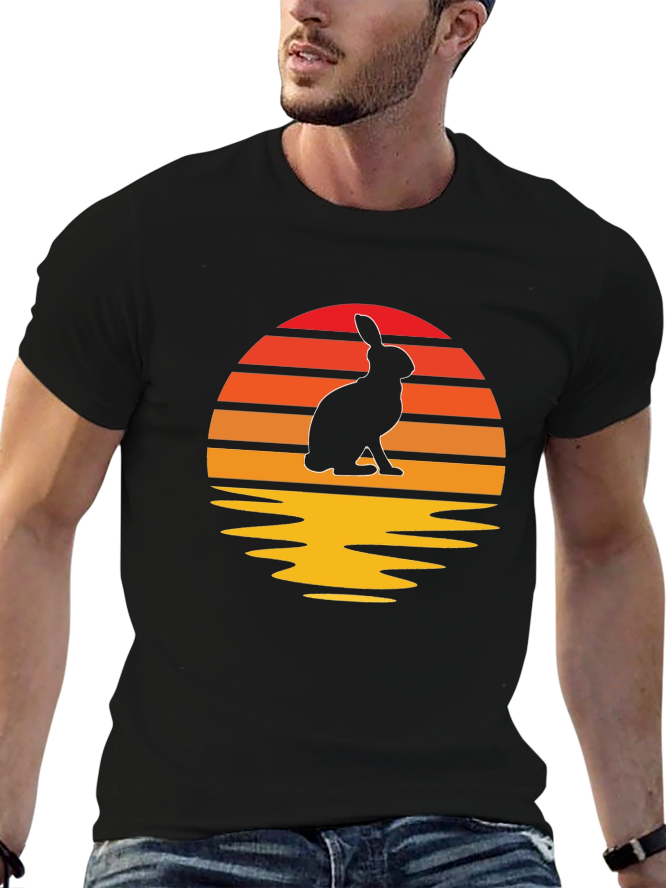 Sunset Rabbit Graphic Tee - Black Cotton Blend T-Shirt