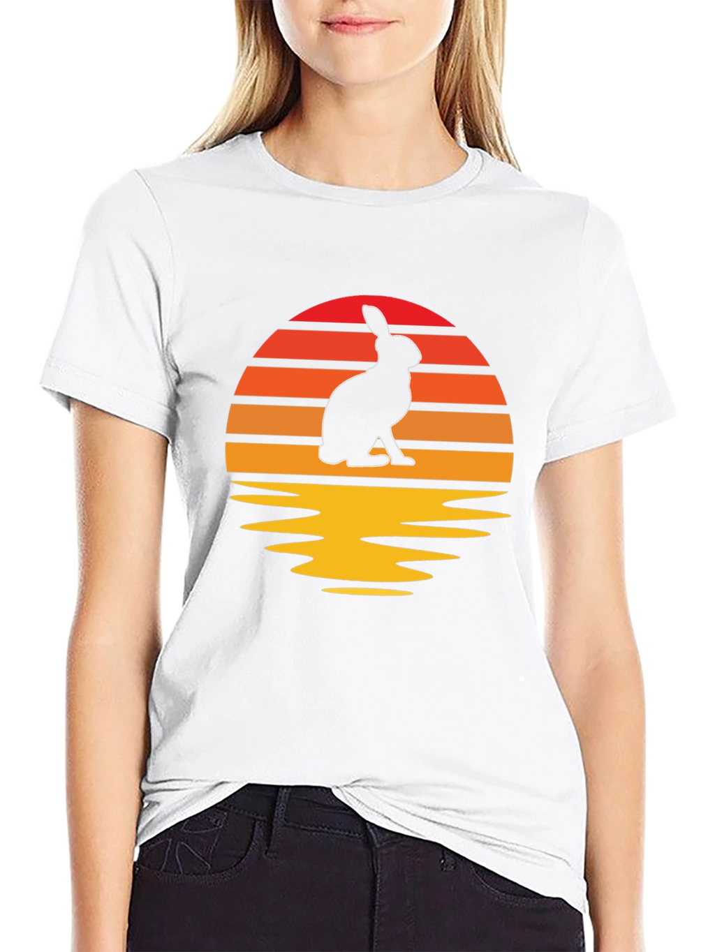 Sunset Rabbit Graphic Tee - Black Cotton Blend T-Shirt