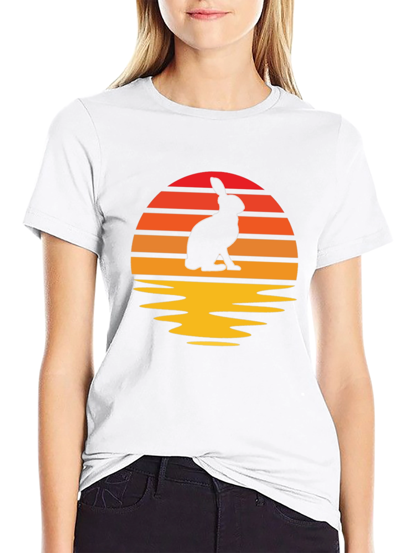 Sunset Rabbit Graphic Tee - Black Cotton Blend T-Shirt