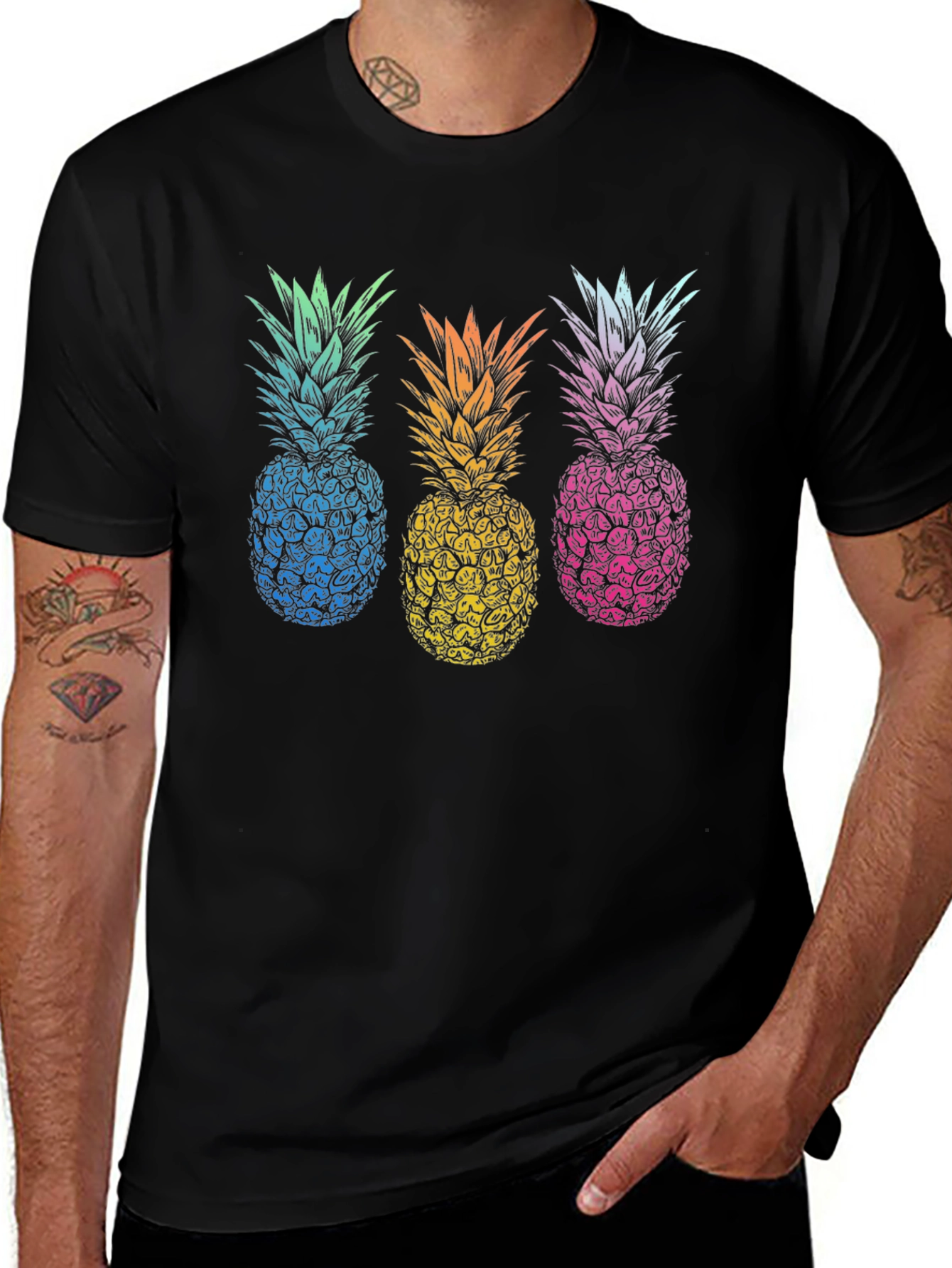 Pineapple T-Shirt Black Tee with Colorful Pineapple Design