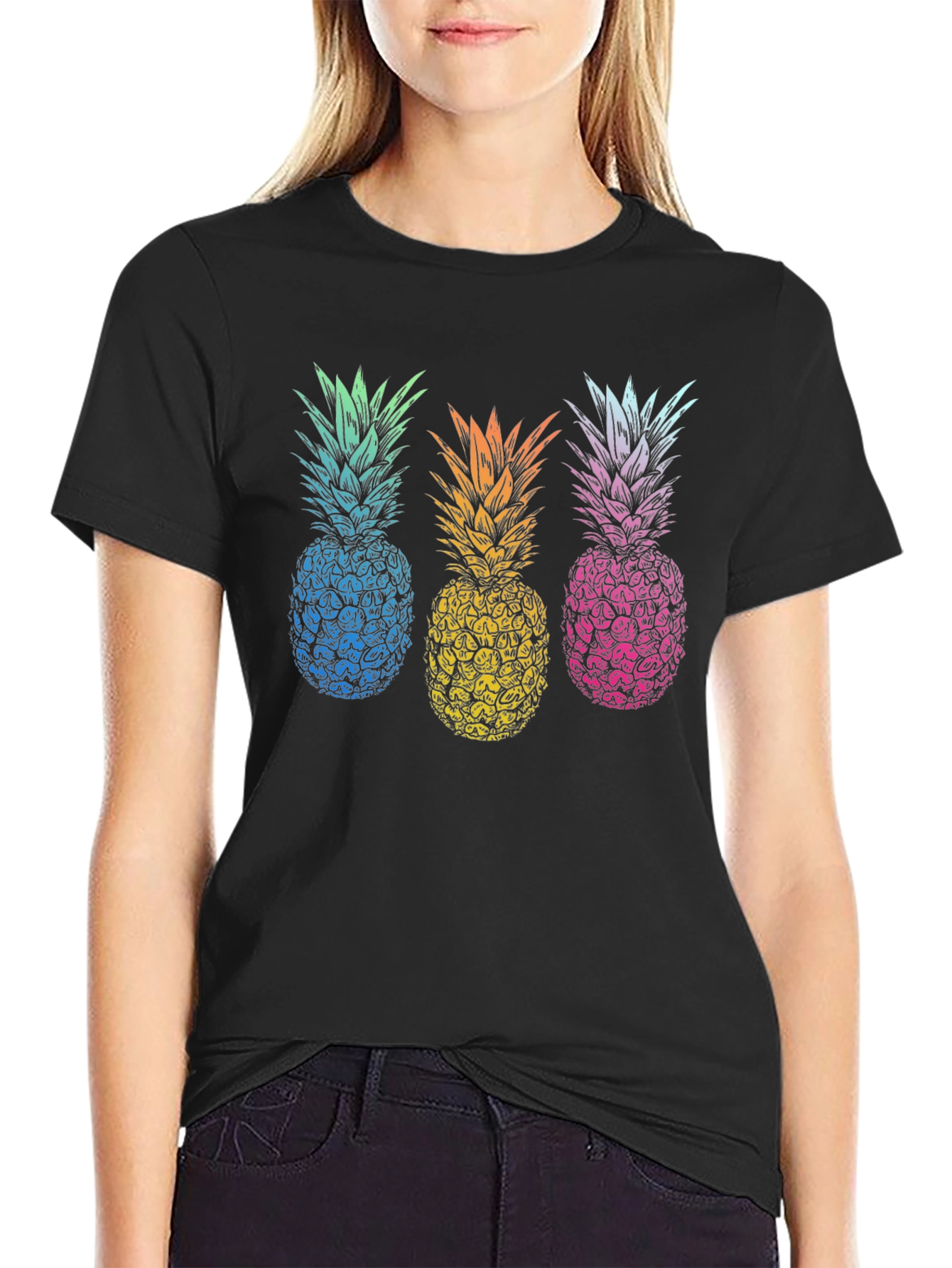 Pineapple T-Shirt Black Tee with Colorful Pineapple Design