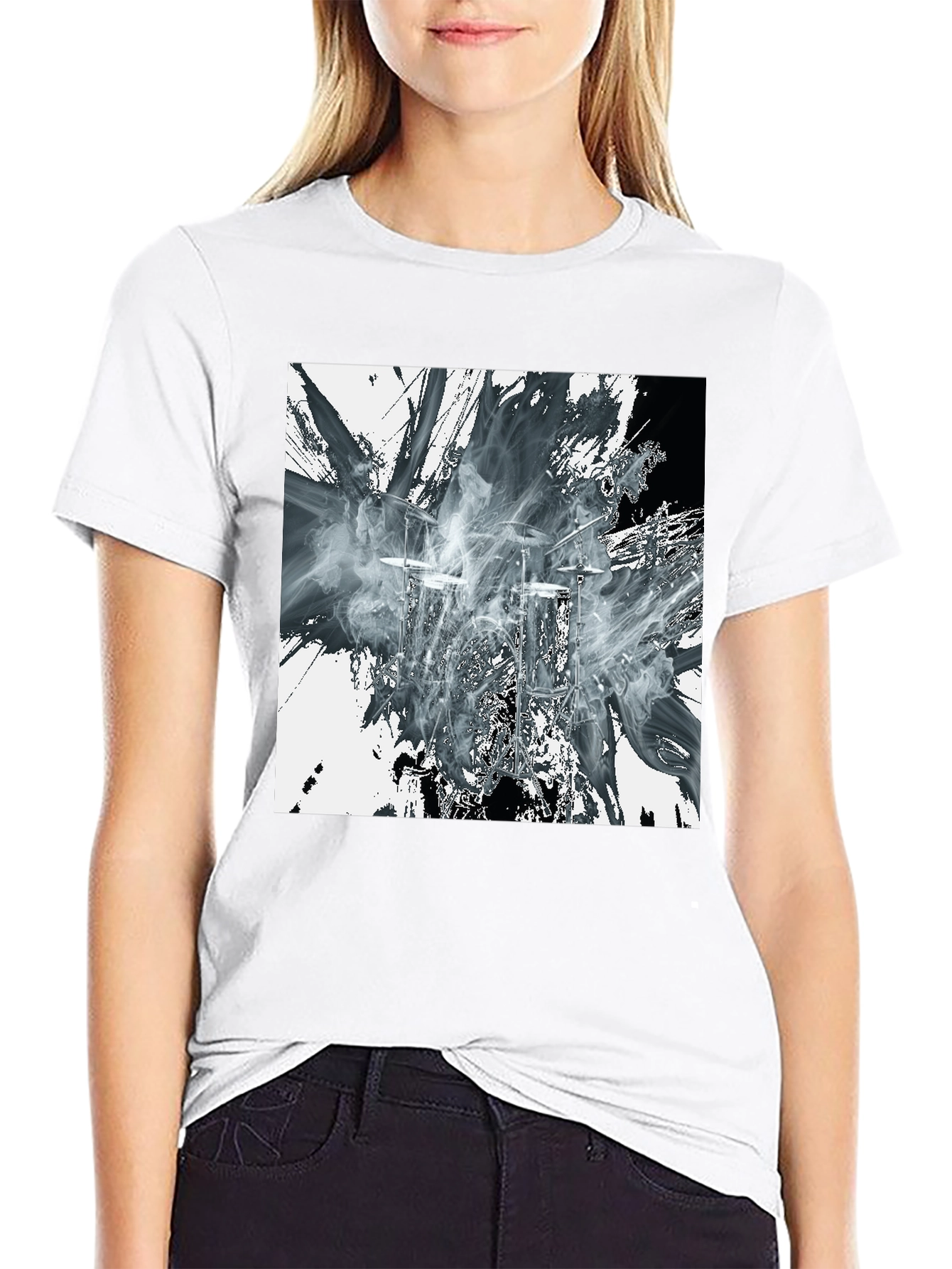Abstract Drums Graphic Print Black T-Shirt
