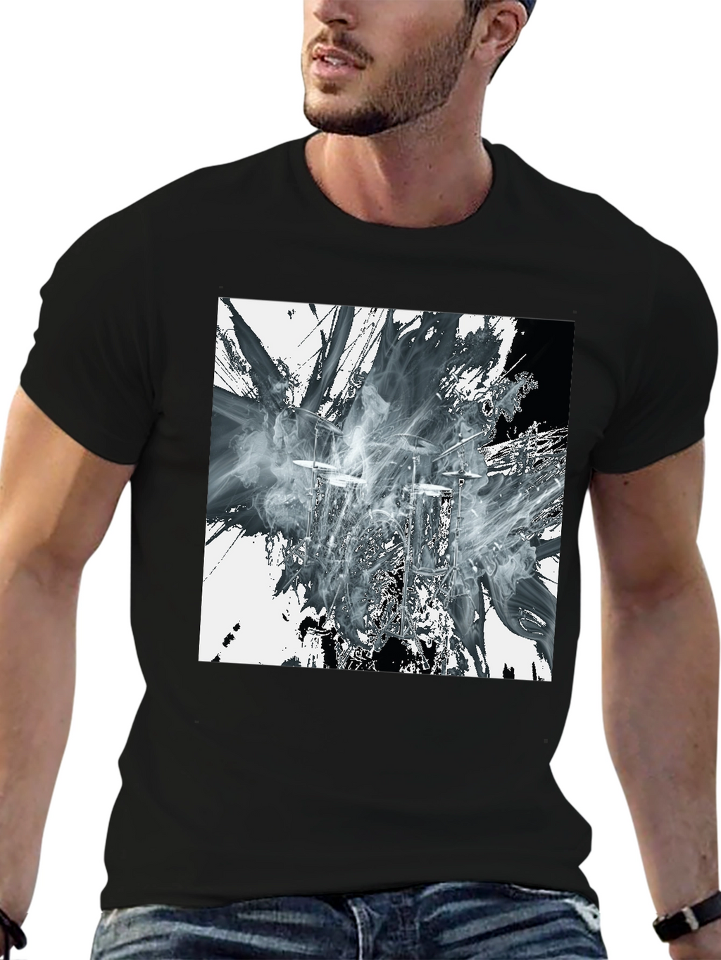 Abstract Drums Graphic Print Black T-Shirt
