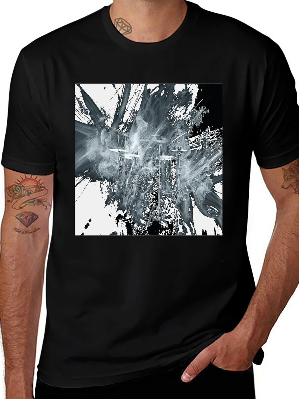 Abstract Drums Graphic Print Black T-Shirt