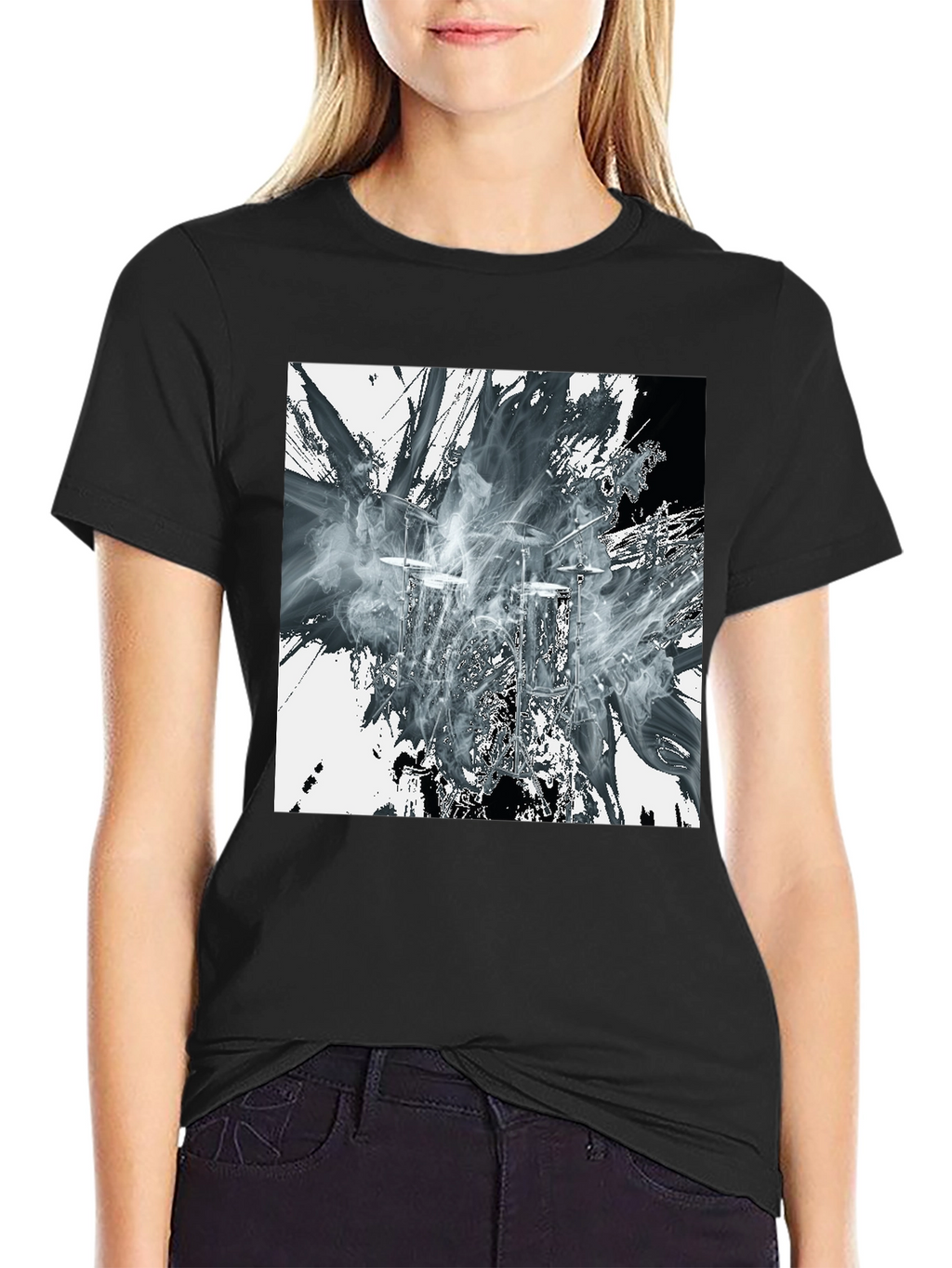 Abstract Drums Graphic Print Black T-Shirt
