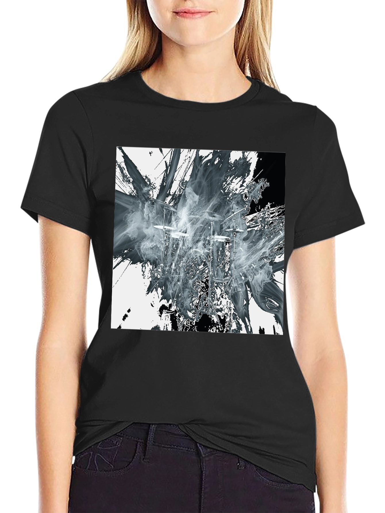 Abstract Drums Graphic Print Black T-Shirt