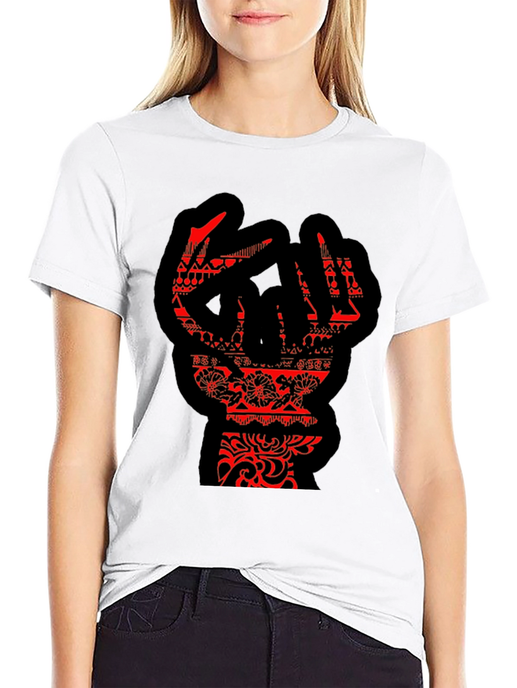 Statement Black T-Shirt with Red Hand Design