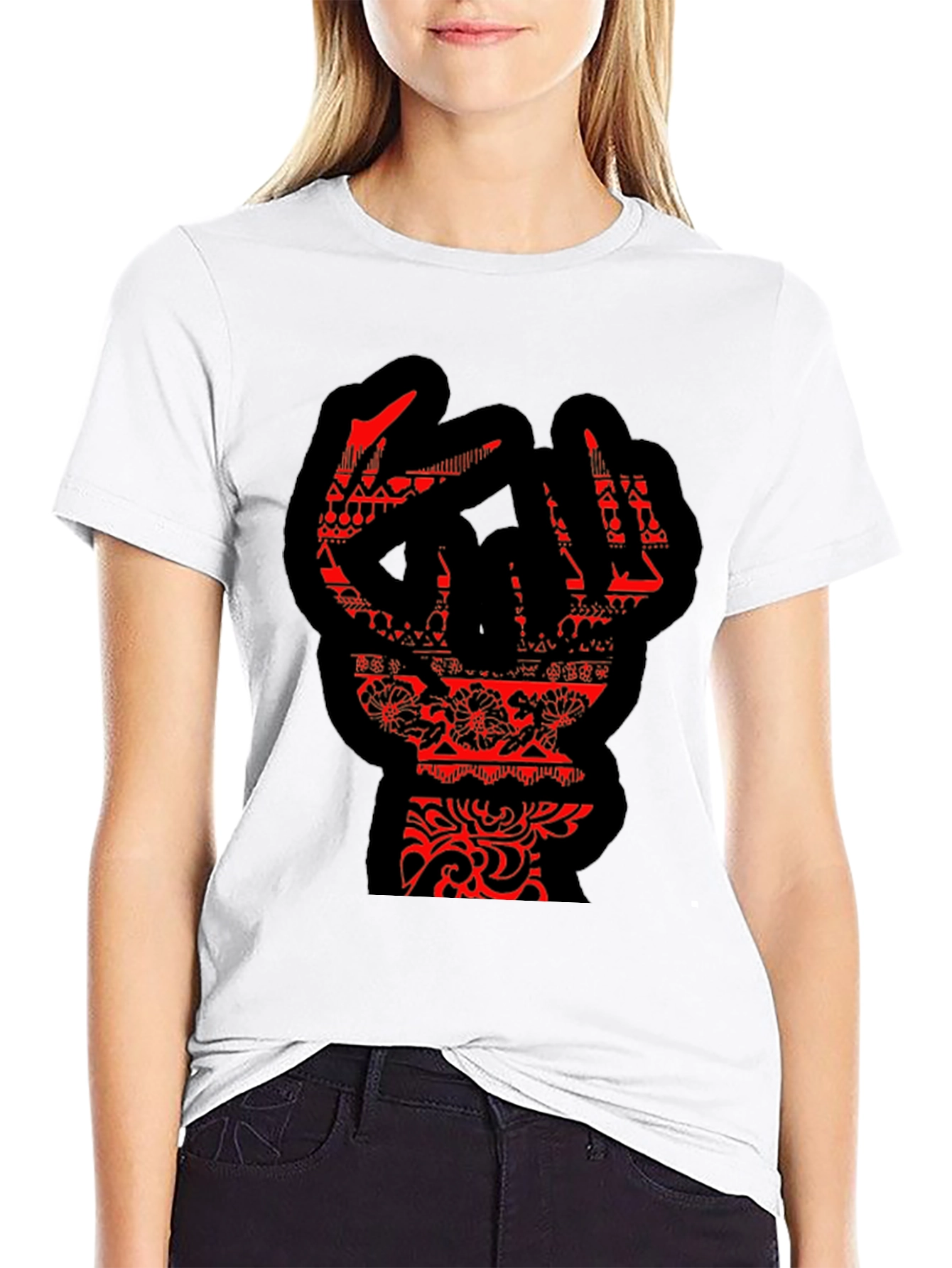 Statement Black T-Shirt with Red Hand Design