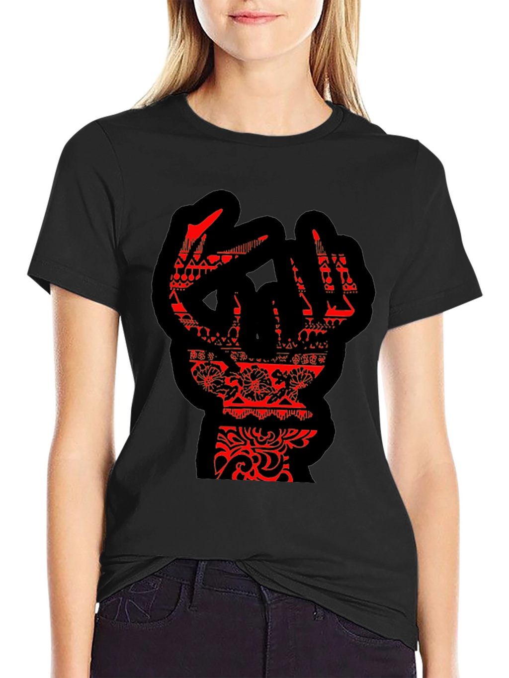 Statement Black T-Shirt with Red Hand Design