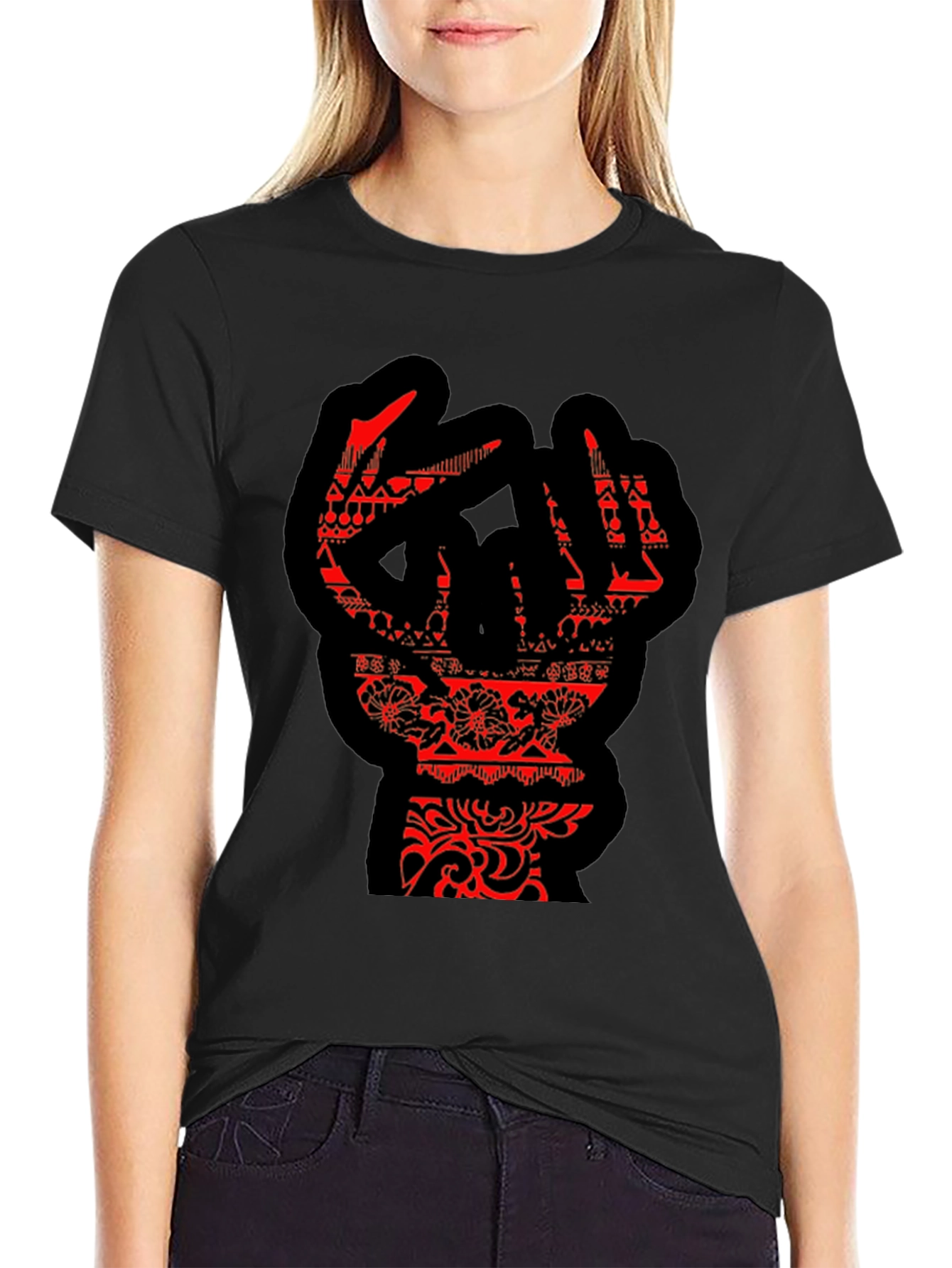 Statement Black T-Shirt with Red Hand Design