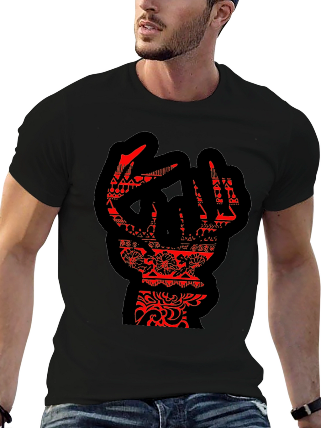 Statement Black T-Shirt with Red Hand Design