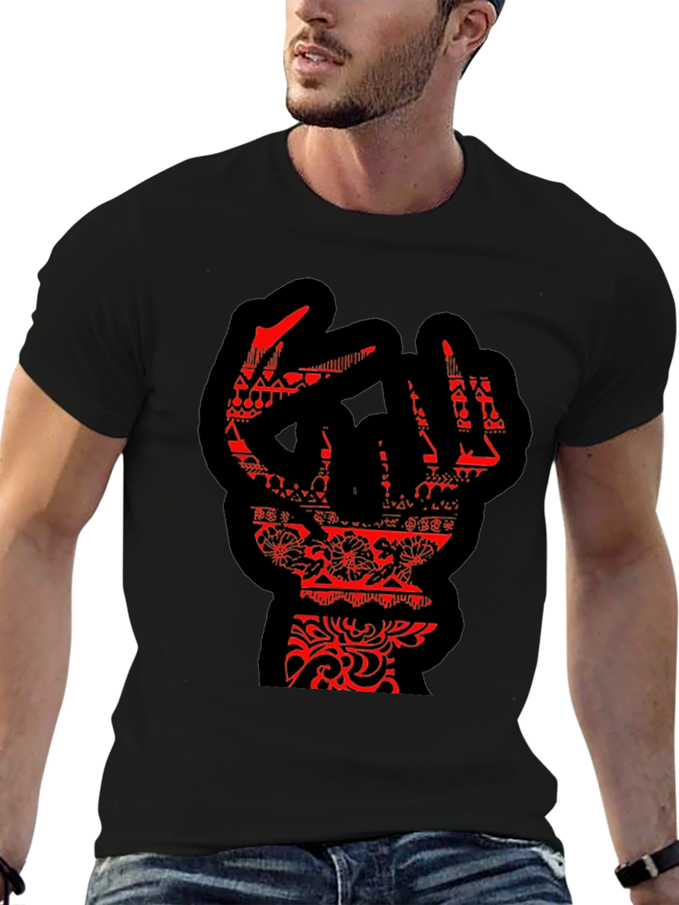 Statement Black T-Shirt with Red Hand Design