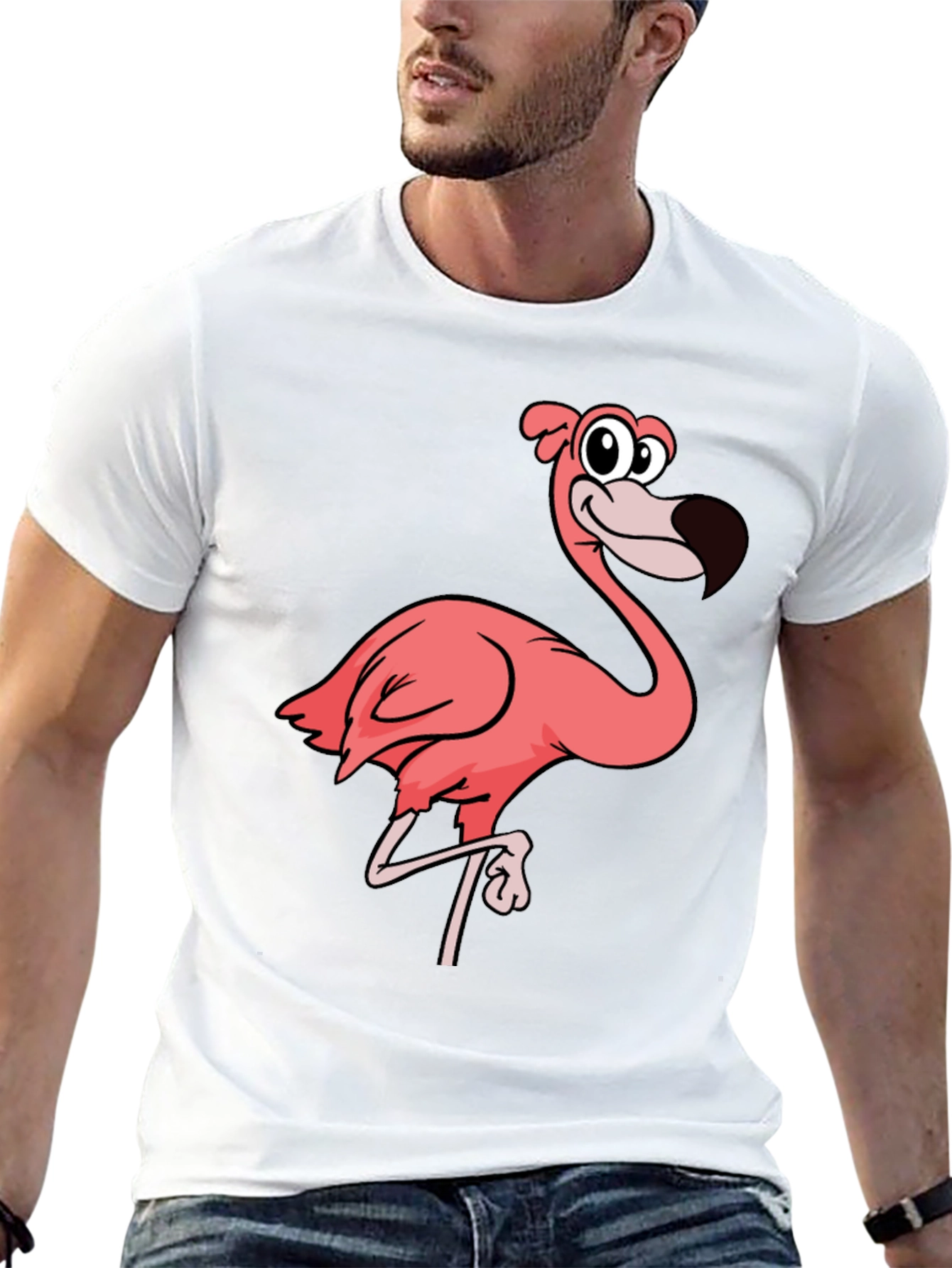 Mens Black T-Shirt with Pink Flamingo Graphic