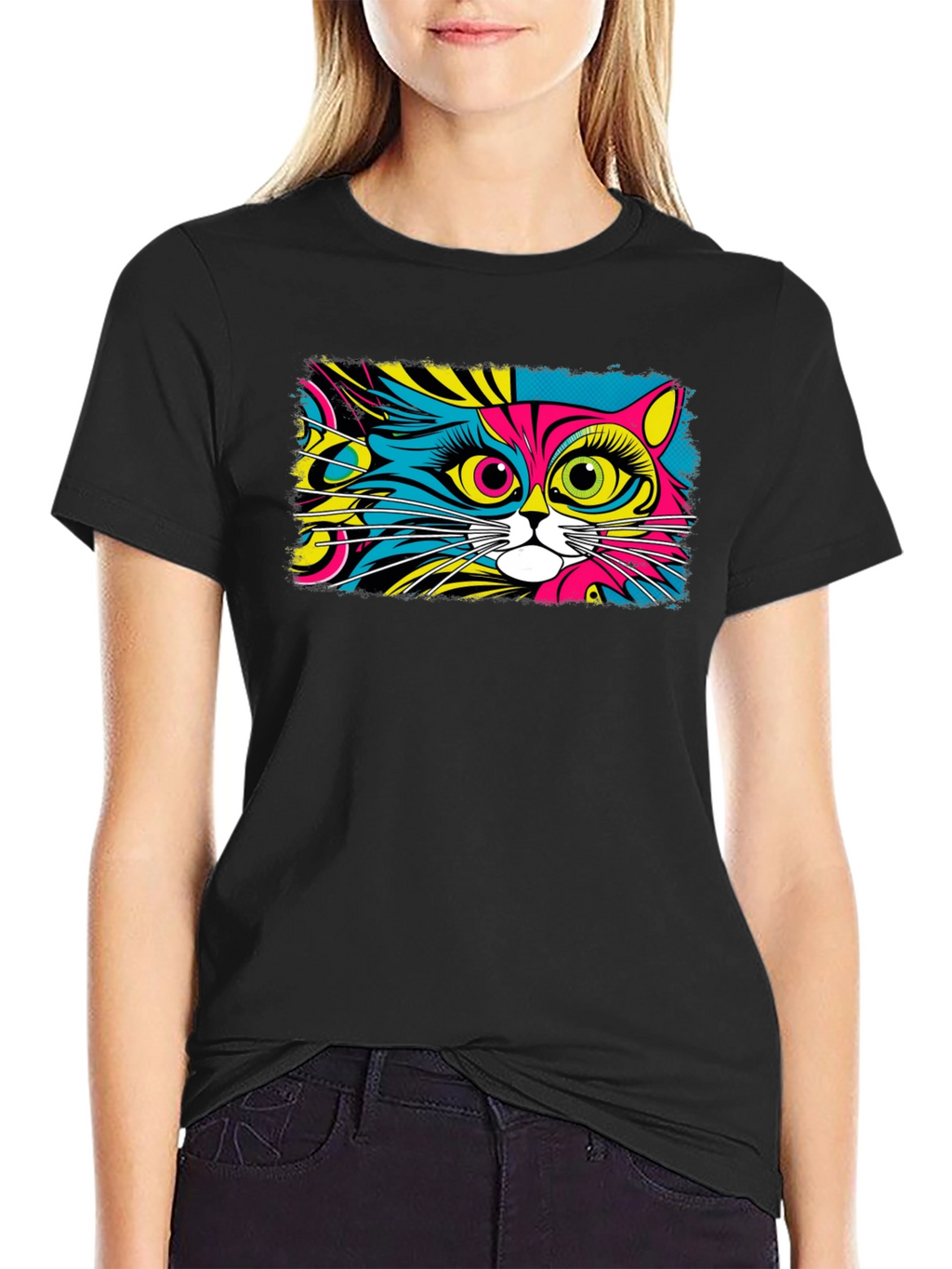 Psychedelic Cat Graphic Black T-Shirt