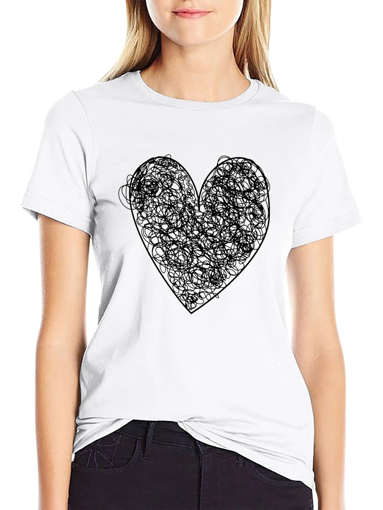 Heart Scribble Graphic Tee - Modern Artistic Black T-Shirt