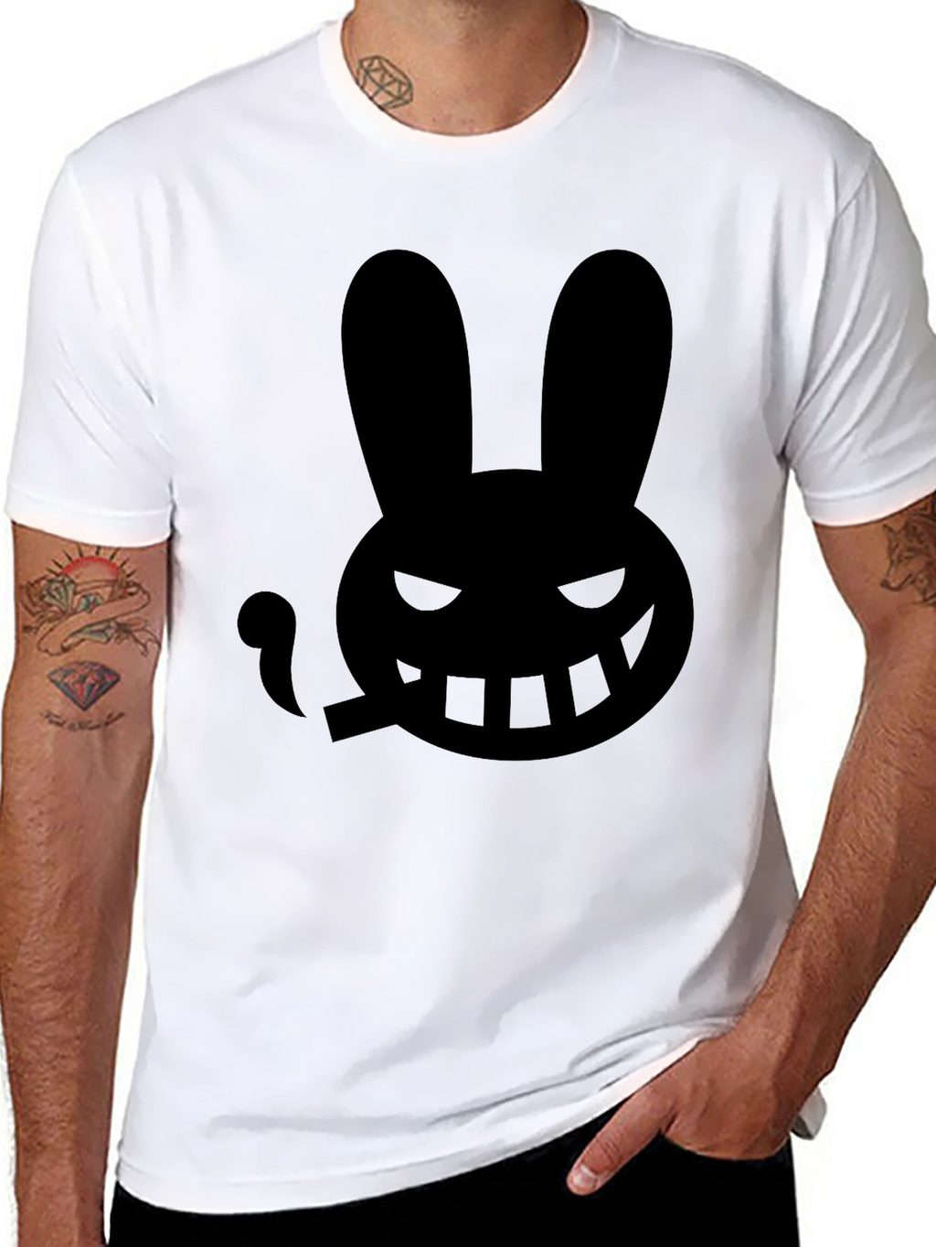 Mens Black T-Shirt with Smoking Rabbit Graphic