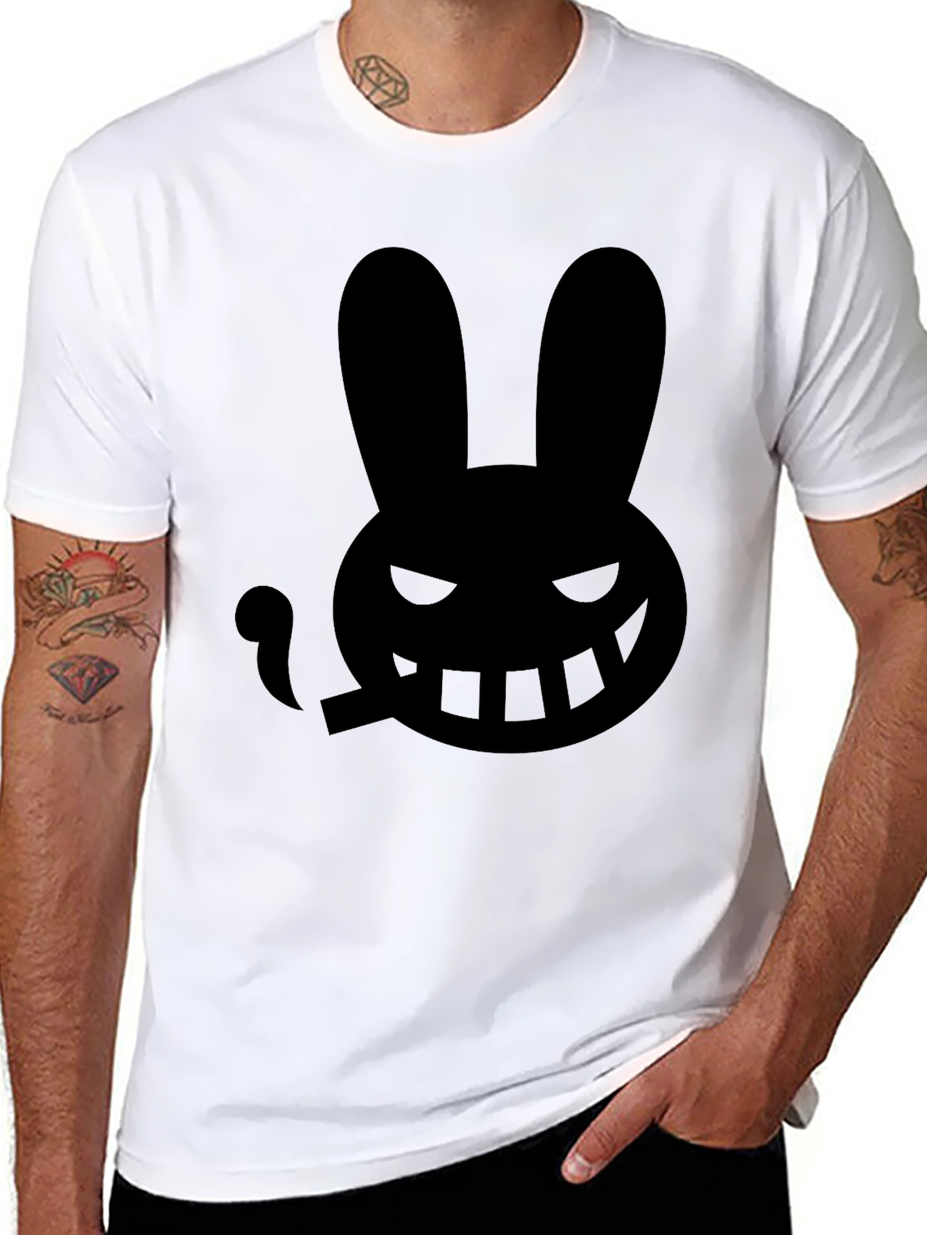 Mens Black T-Shirt with Smoking Rabbit Graphic
