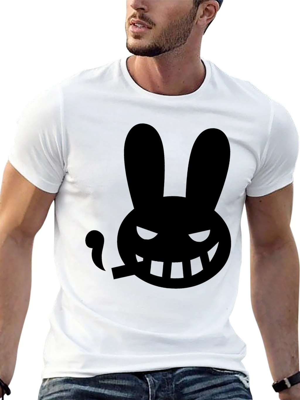 Mens Black T-Shirt with Smoking Rabbit Graphic