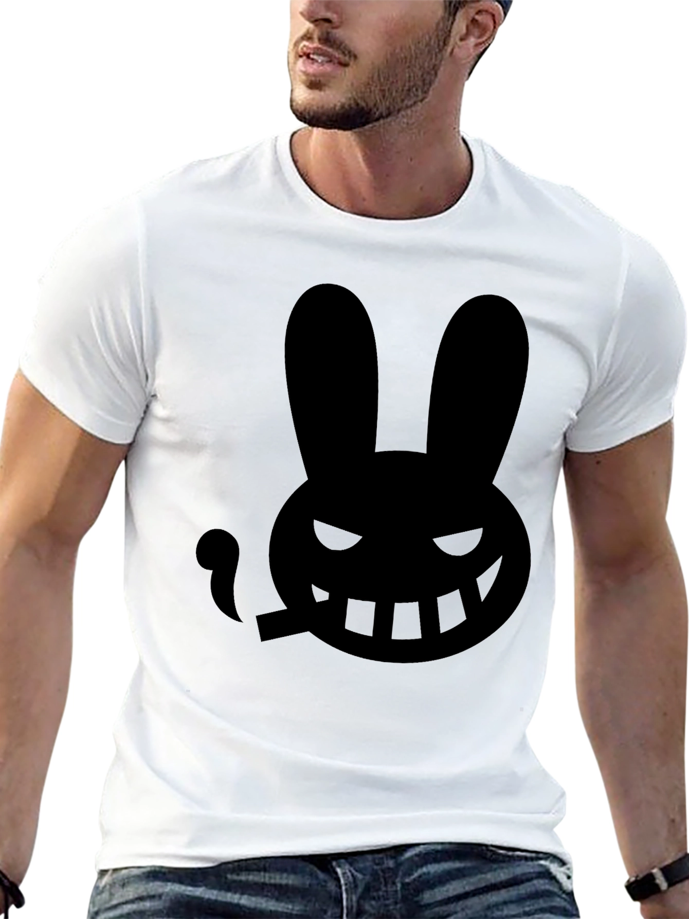 Mens Black T-Shirt with Smoking Rabbit Graphic