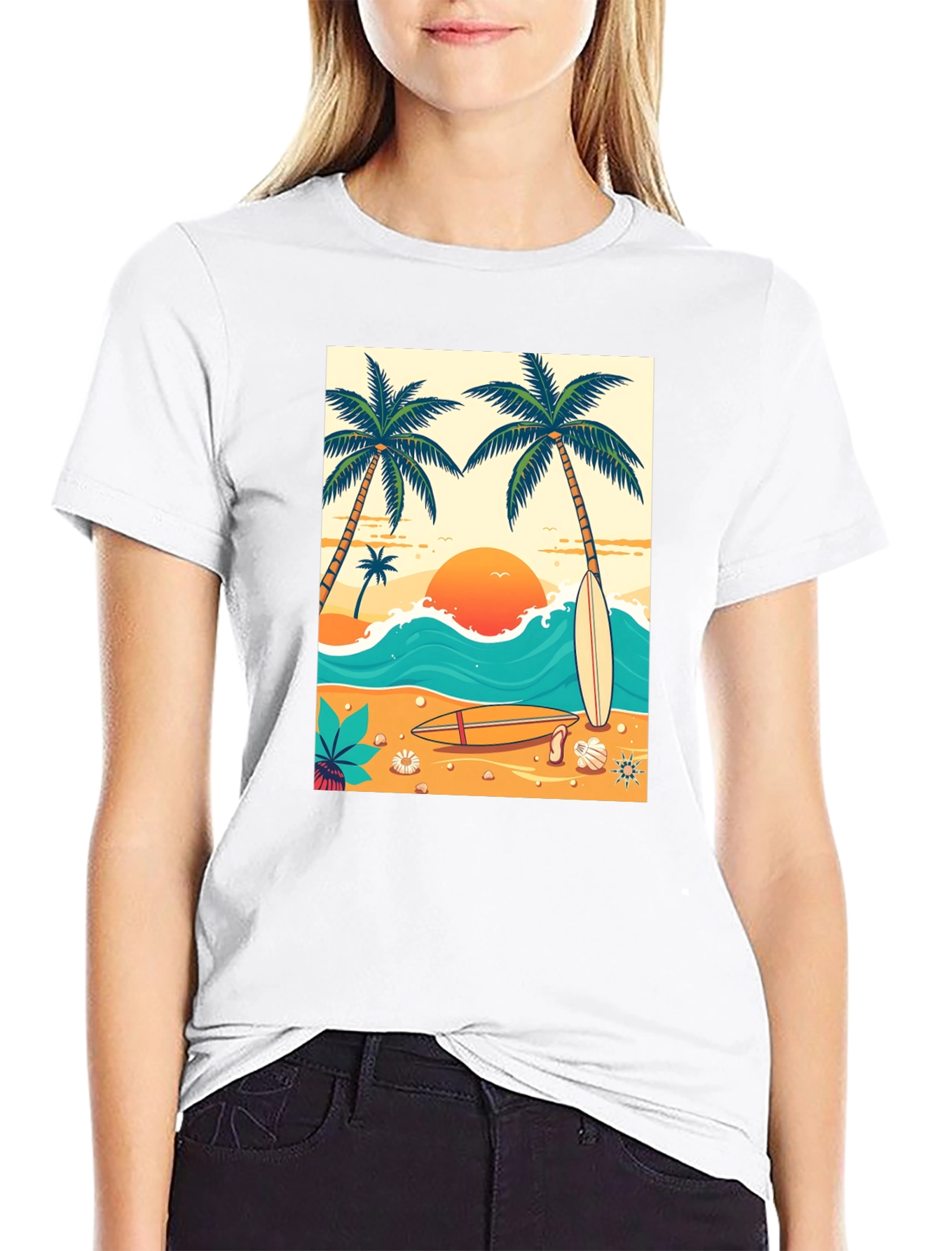 Tropical Beach T-Shirt: Surf Sun & Palm Trees