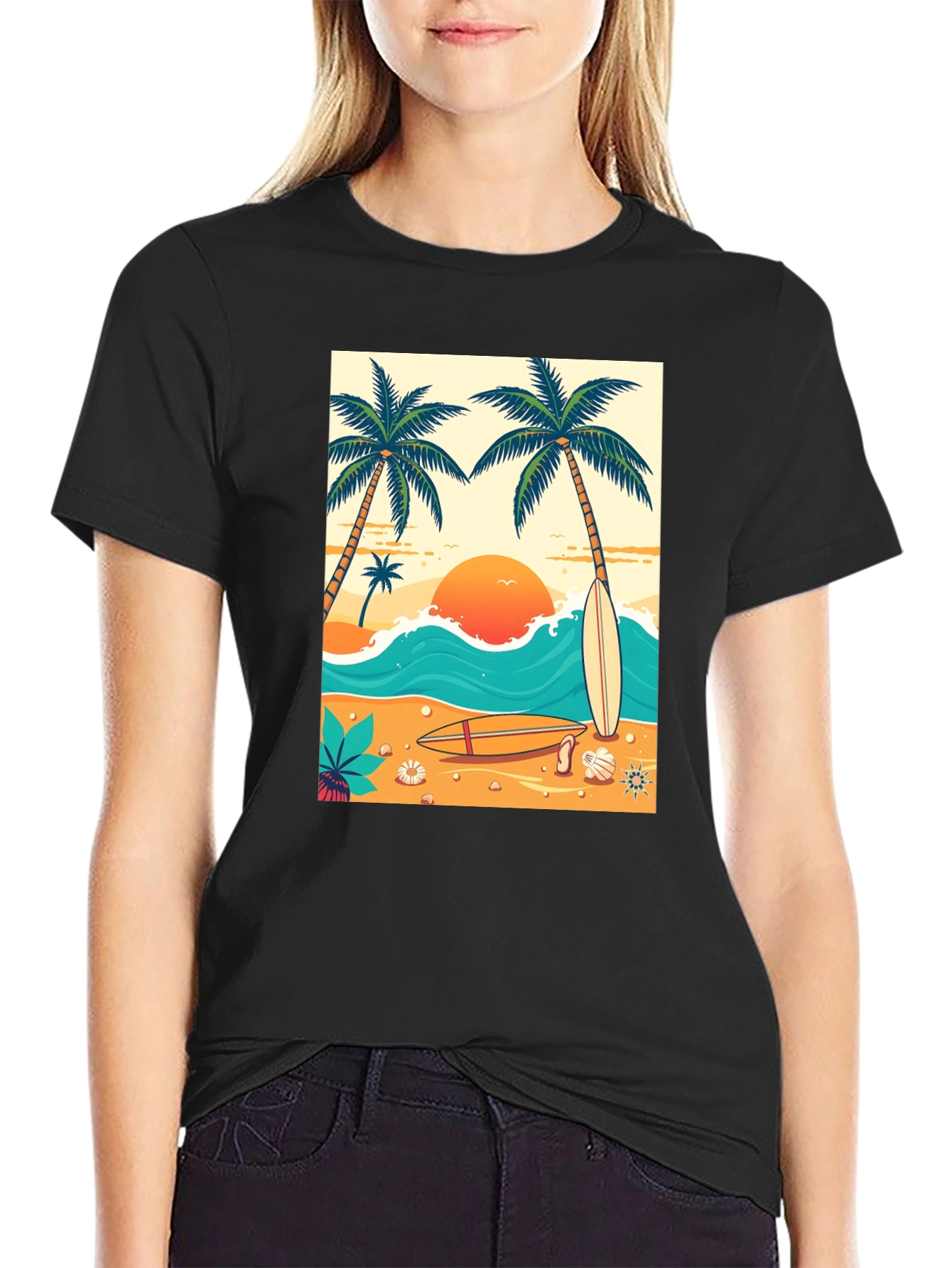 Tropical Beach T-Shirt: Surf Sun & Palm Trees